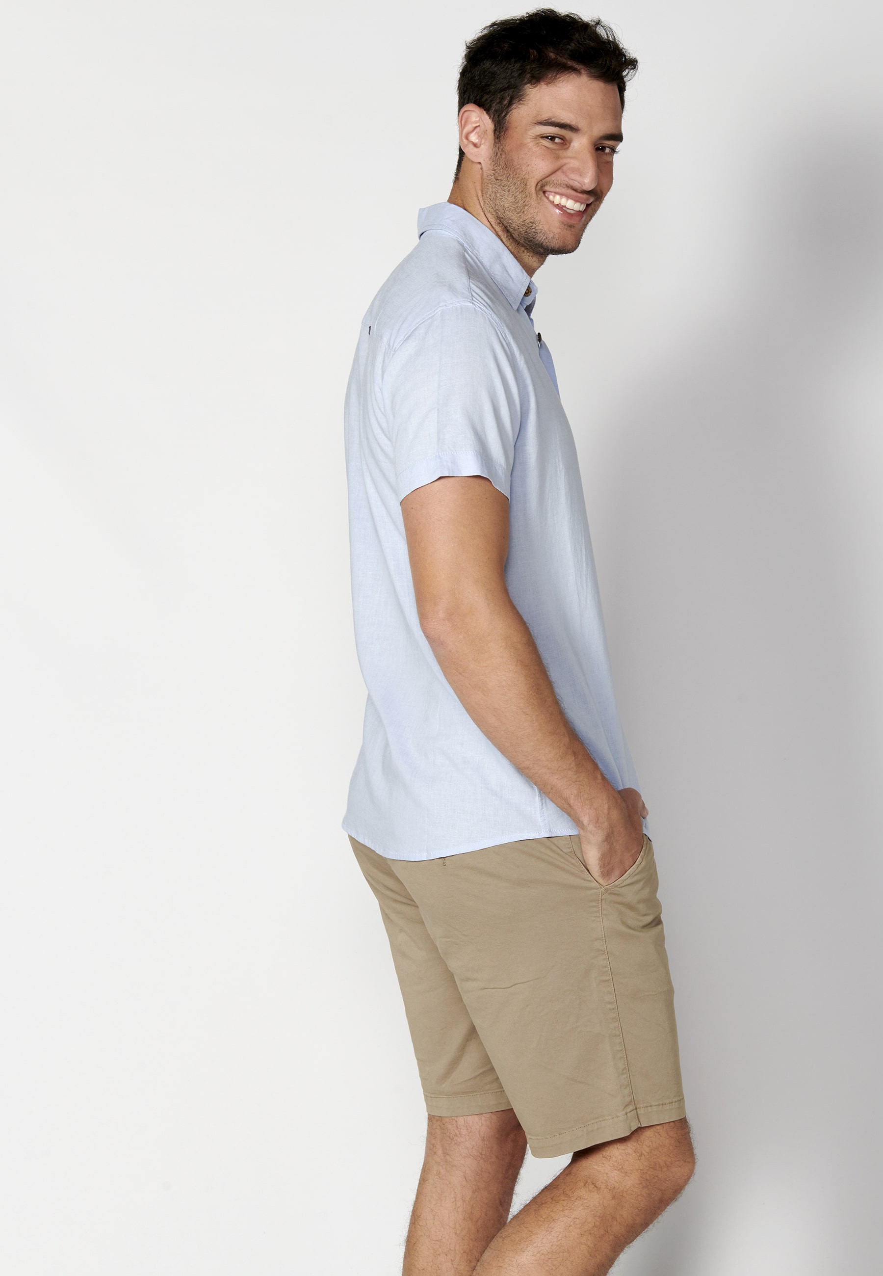 Chemise à manches courtes en lin bleu pour Homme
