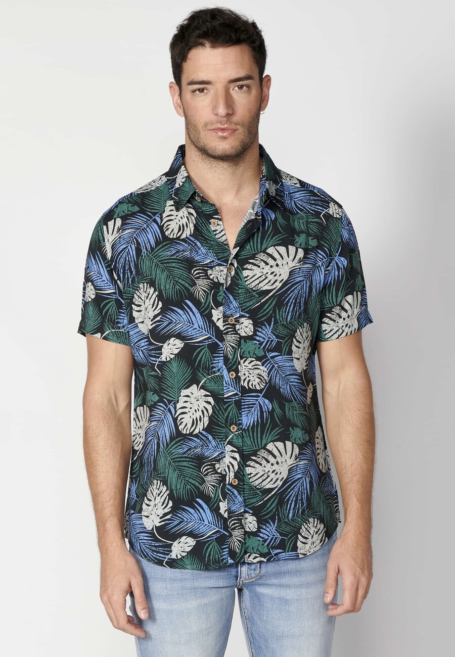 Green short-sleeved shirt with tropical print for Men 8