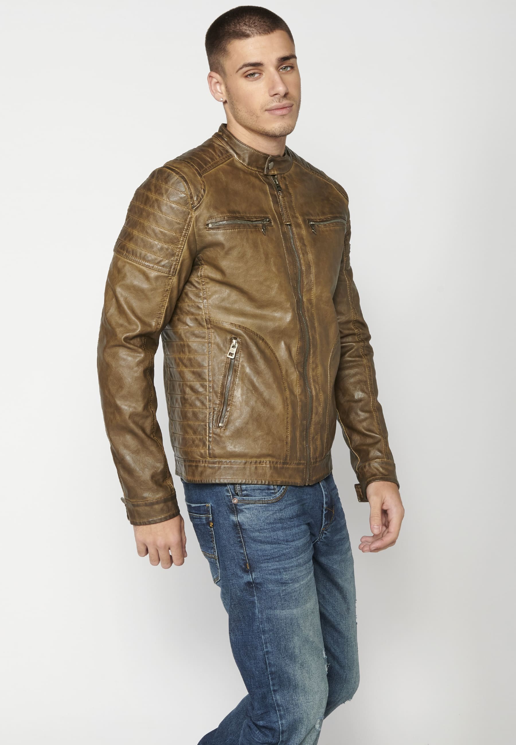 Men's mandarin collar faux leather jacket