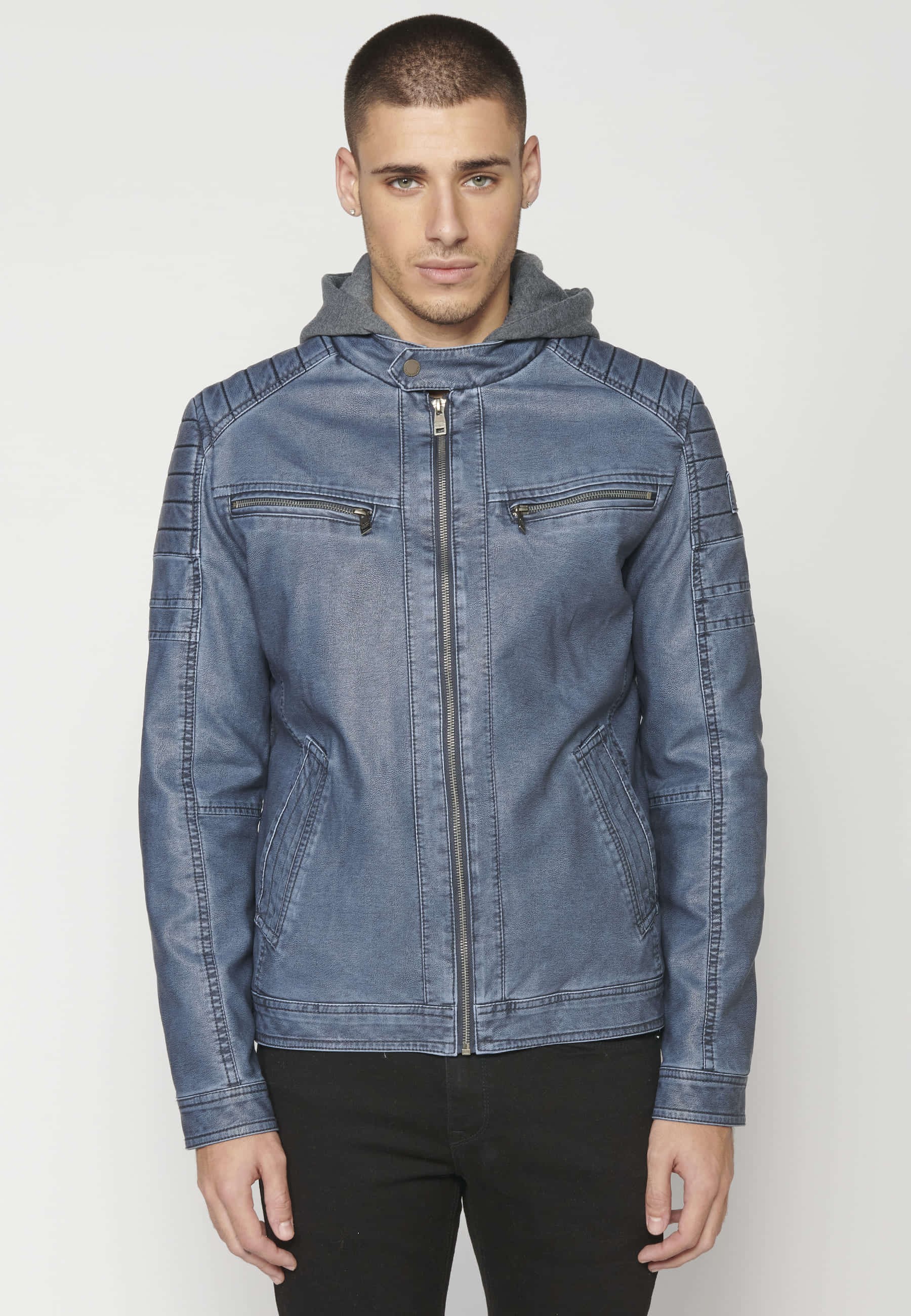 Chaqueta cazadora cuero sintético con capucha para hombre color azul | Ropa Casual