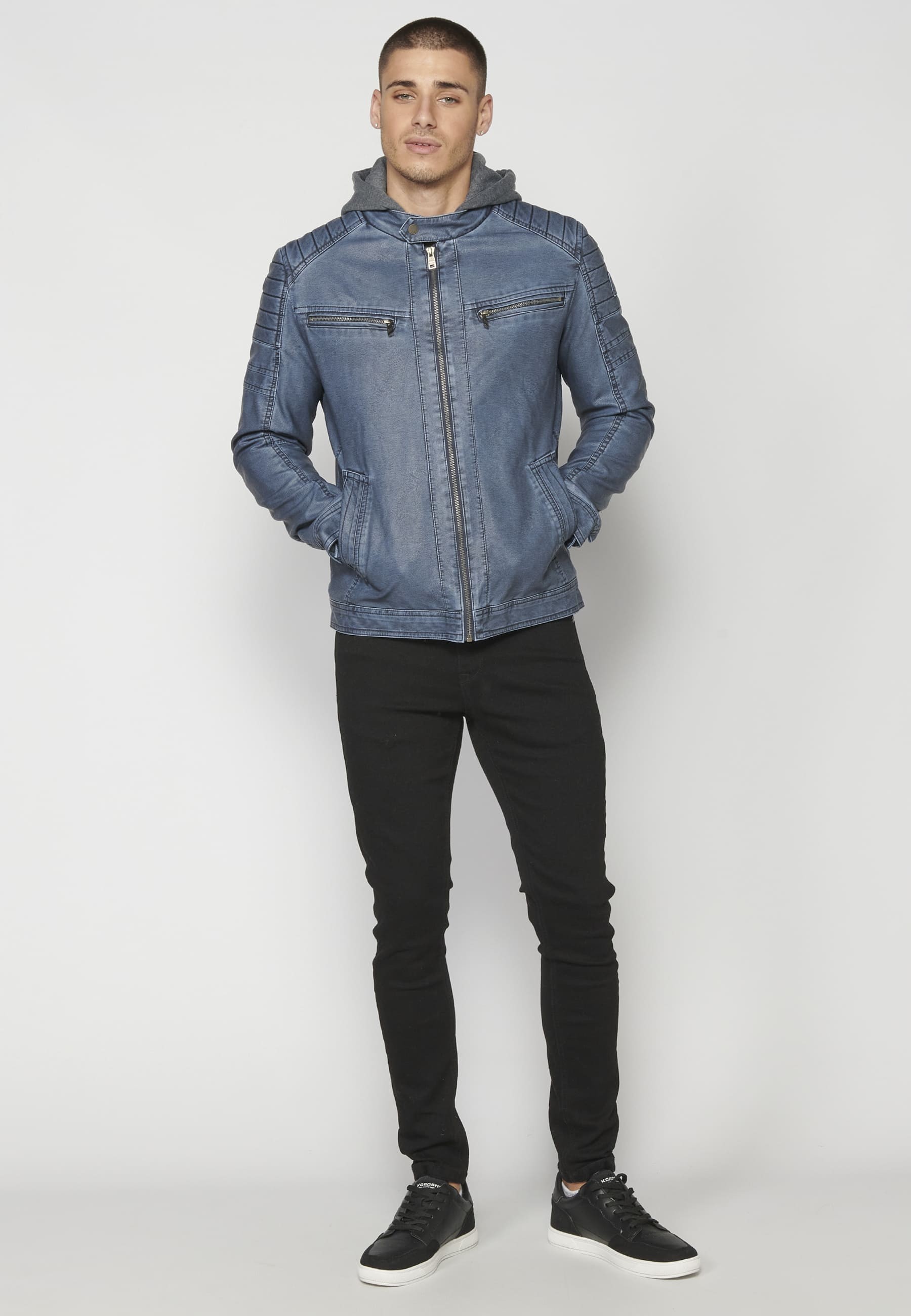 Chaqueta cazadora cuero sintético con capucha para hombre color azul | Ropa Casual