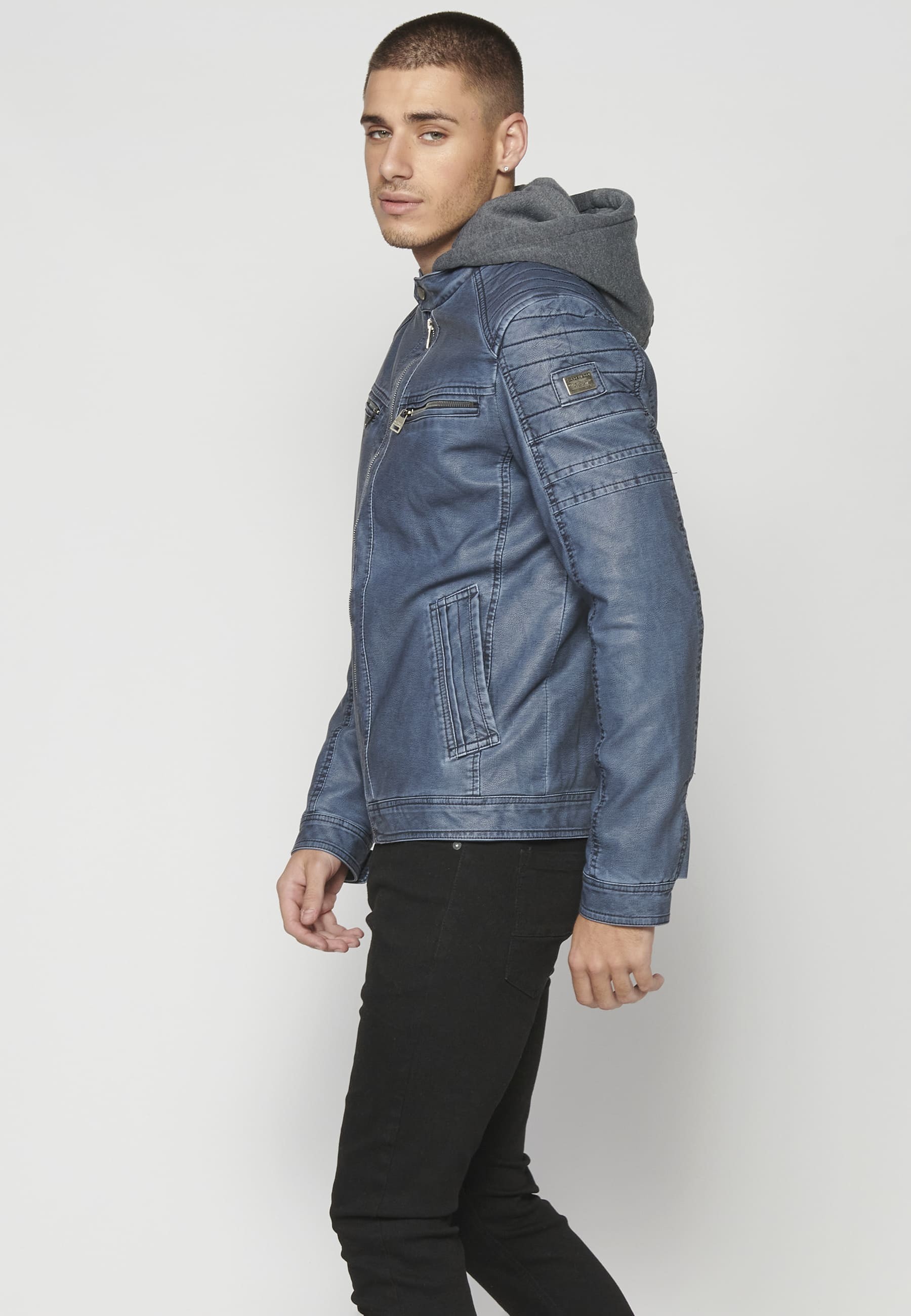 Chaqueta cazadora cuero sintético con capucha para hombre color azul | Ropa Casual