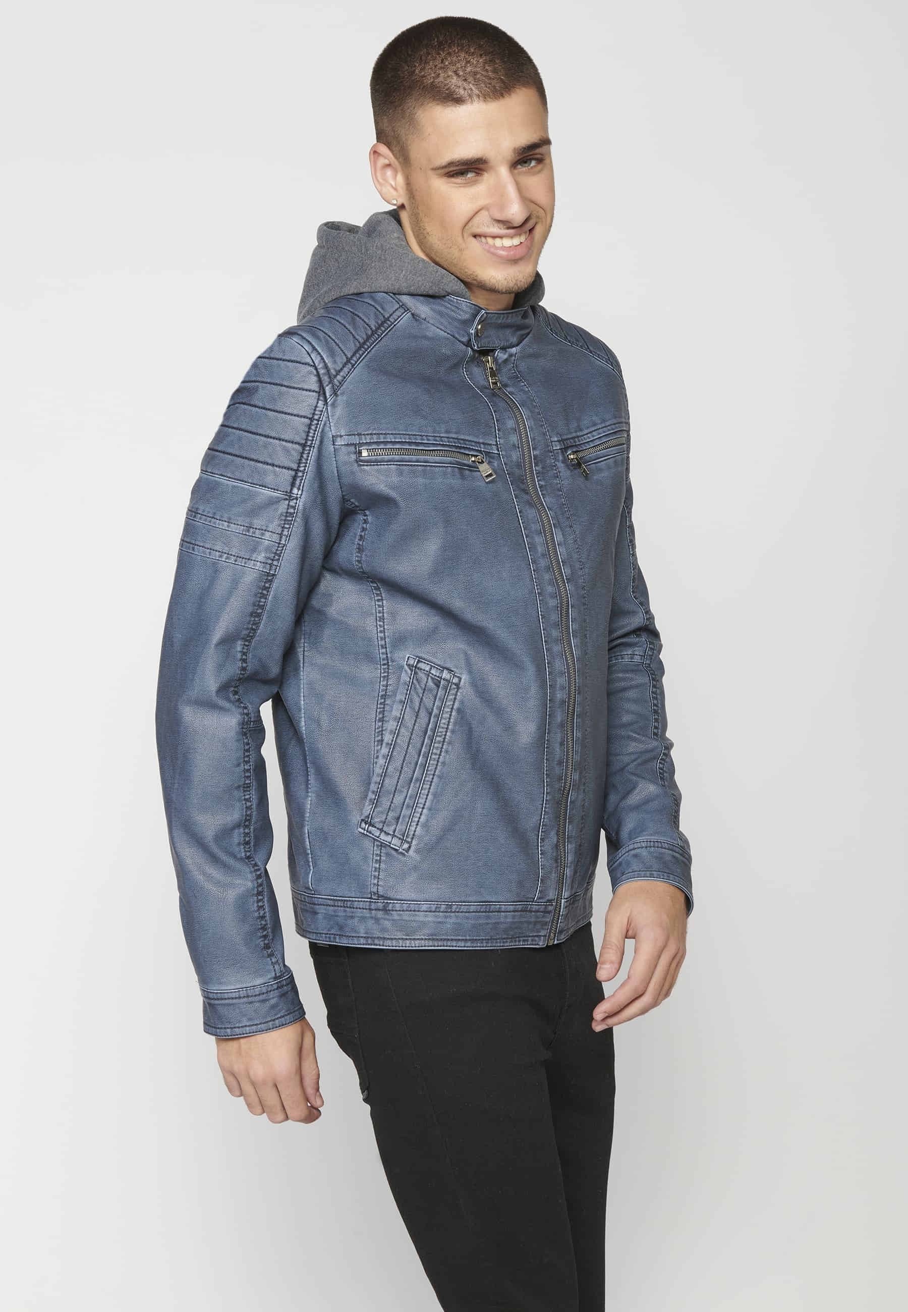 Chaqueta cazadora cuero sintético con capucha para hombre color azul | Ropa Casual
