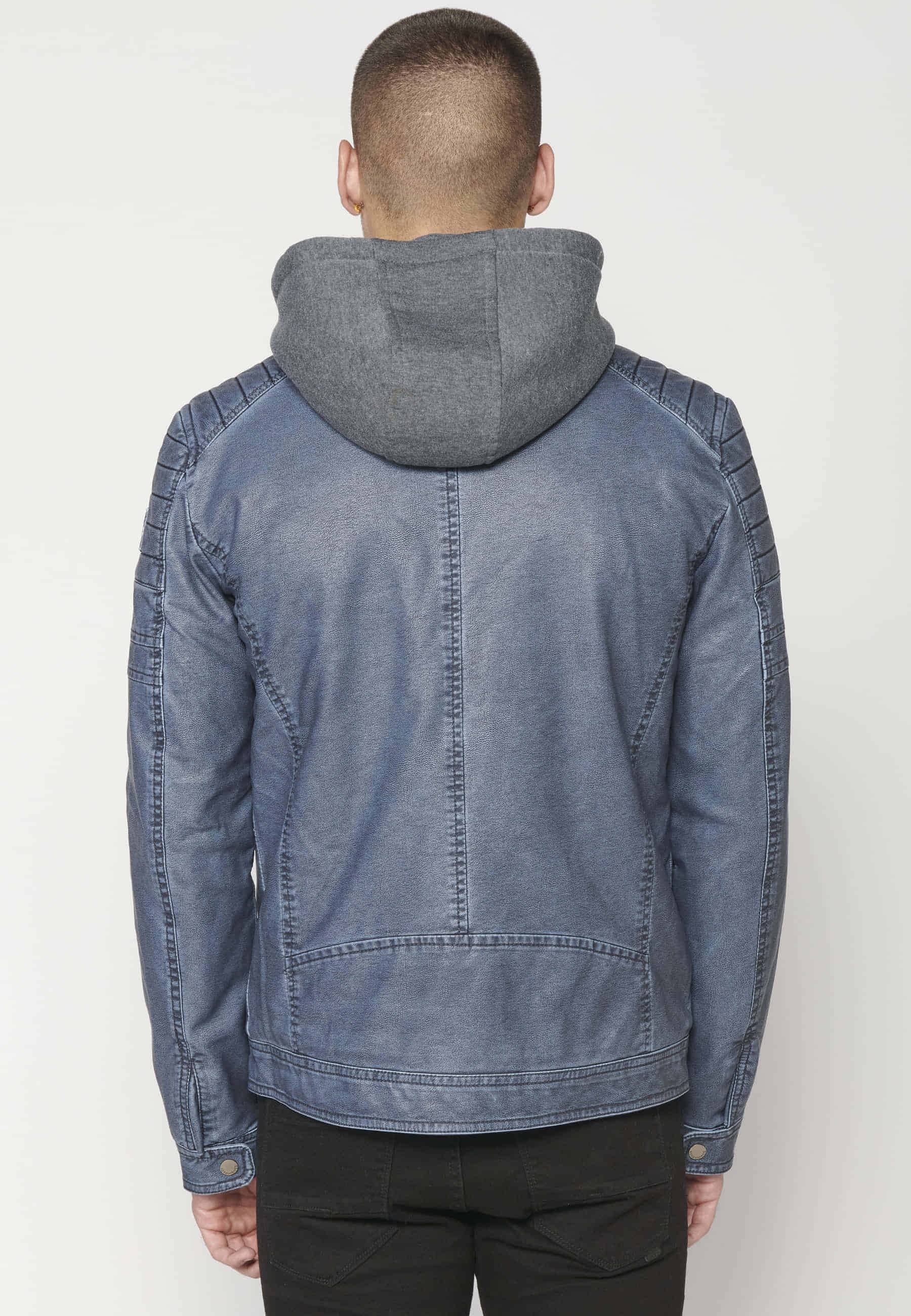 Chaqueta cazadora cuero sintético con capucha para hombre color azul | Ropa Casual