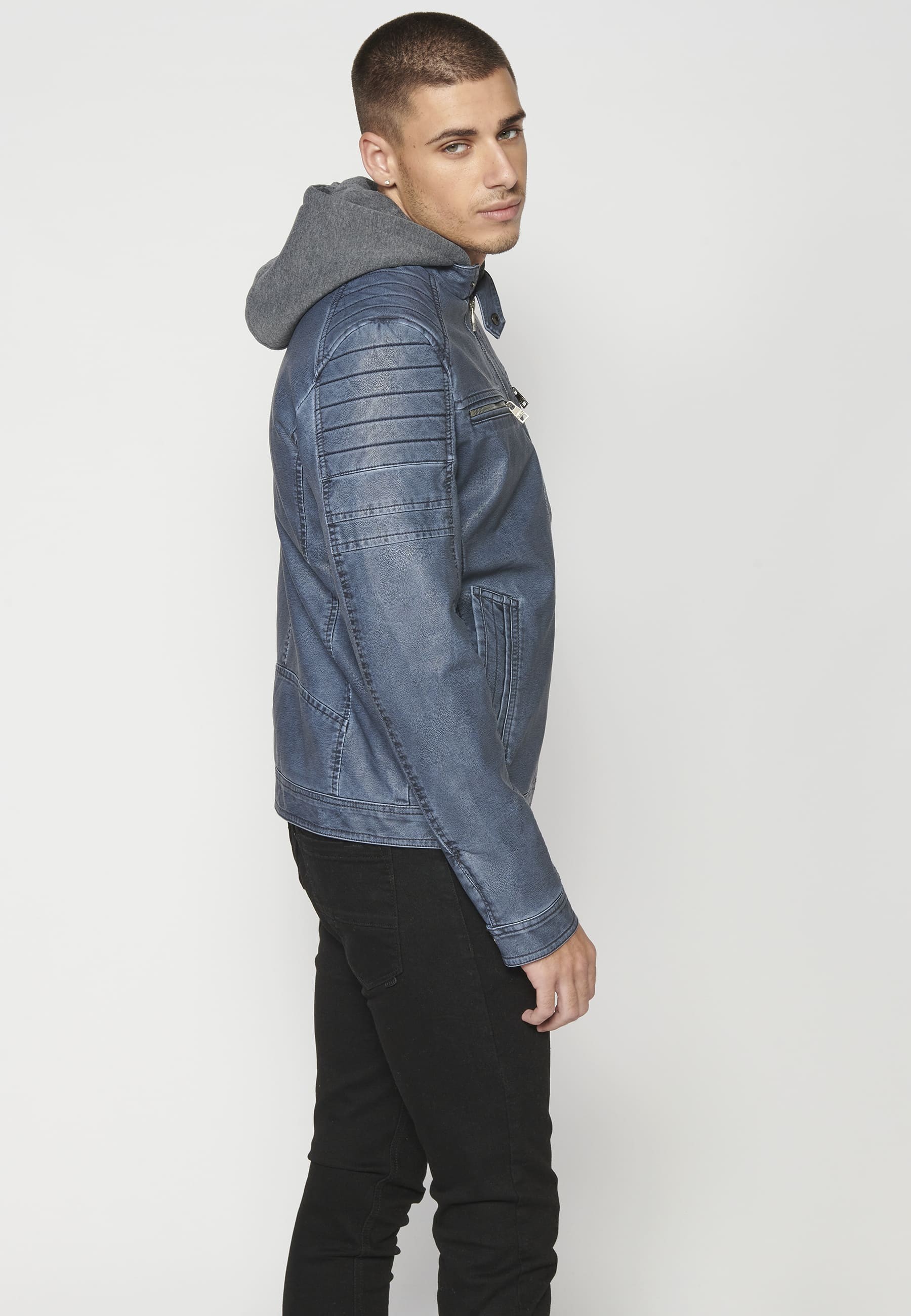 Chaqueta cazadora cuero sintético con capucha para hombre color azul | Ropa Casual
