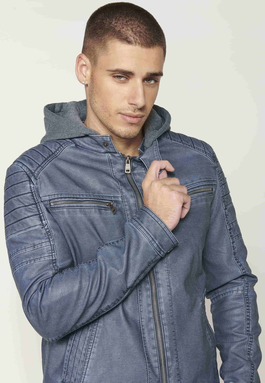 Chaqueta cazadora cuero sintético con capucha para hombre color azul | Ropa Casual 7