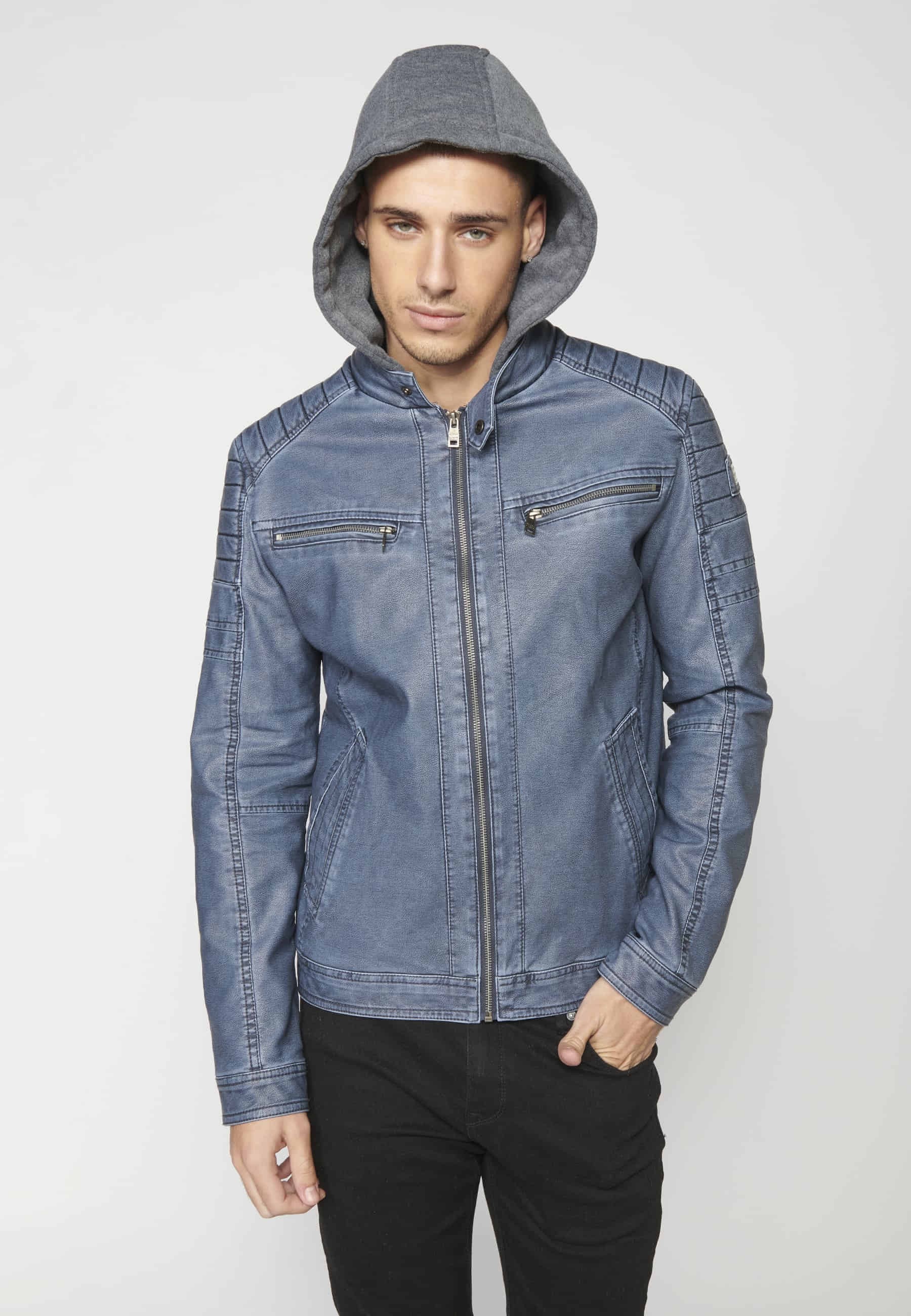 Chaqueta cazadora cuero sintético con capucha para hombre color azul | Ropa Casual