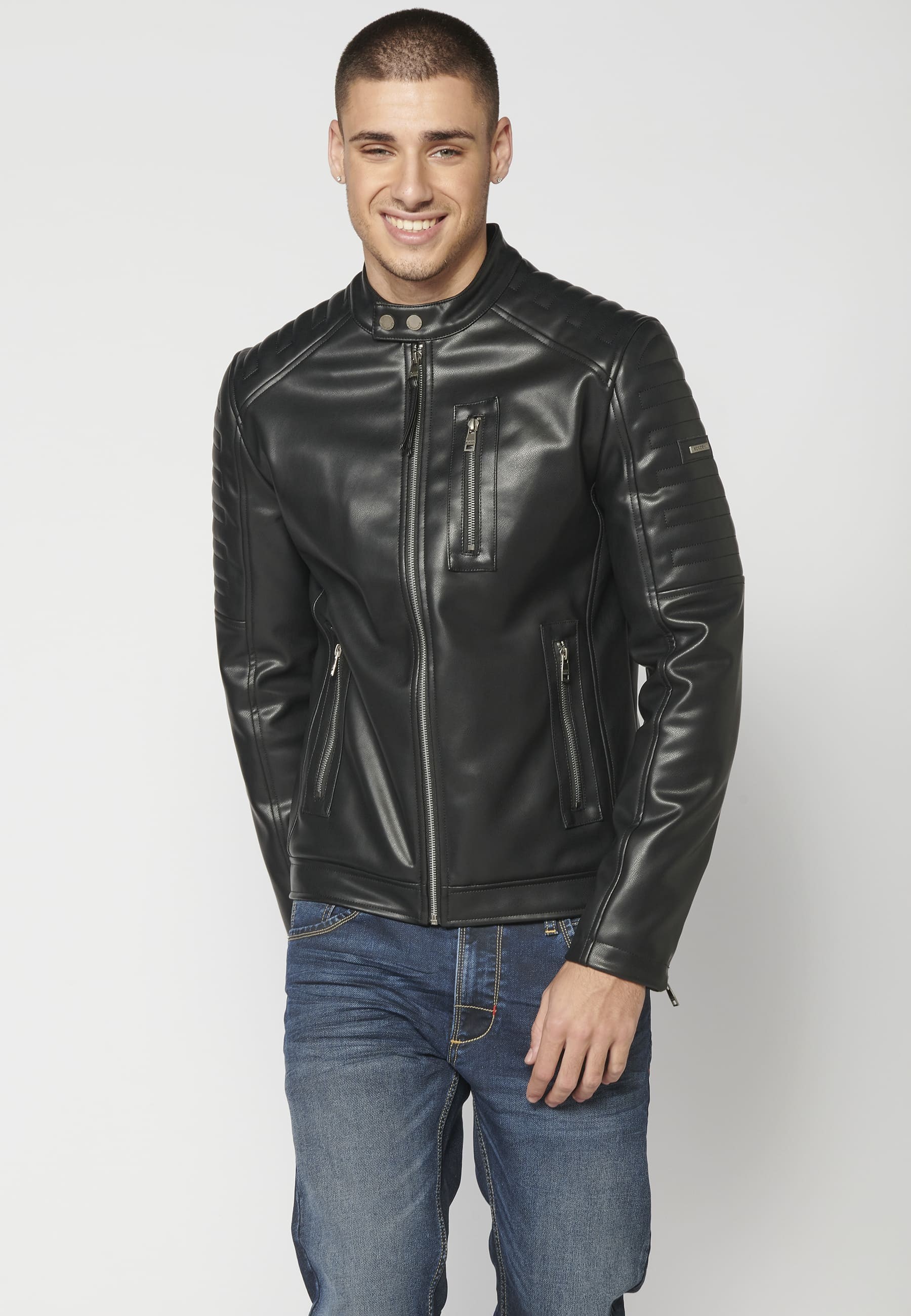 Chaqueta cazadora cuero sintético cuello redondo color Negro para Hombre