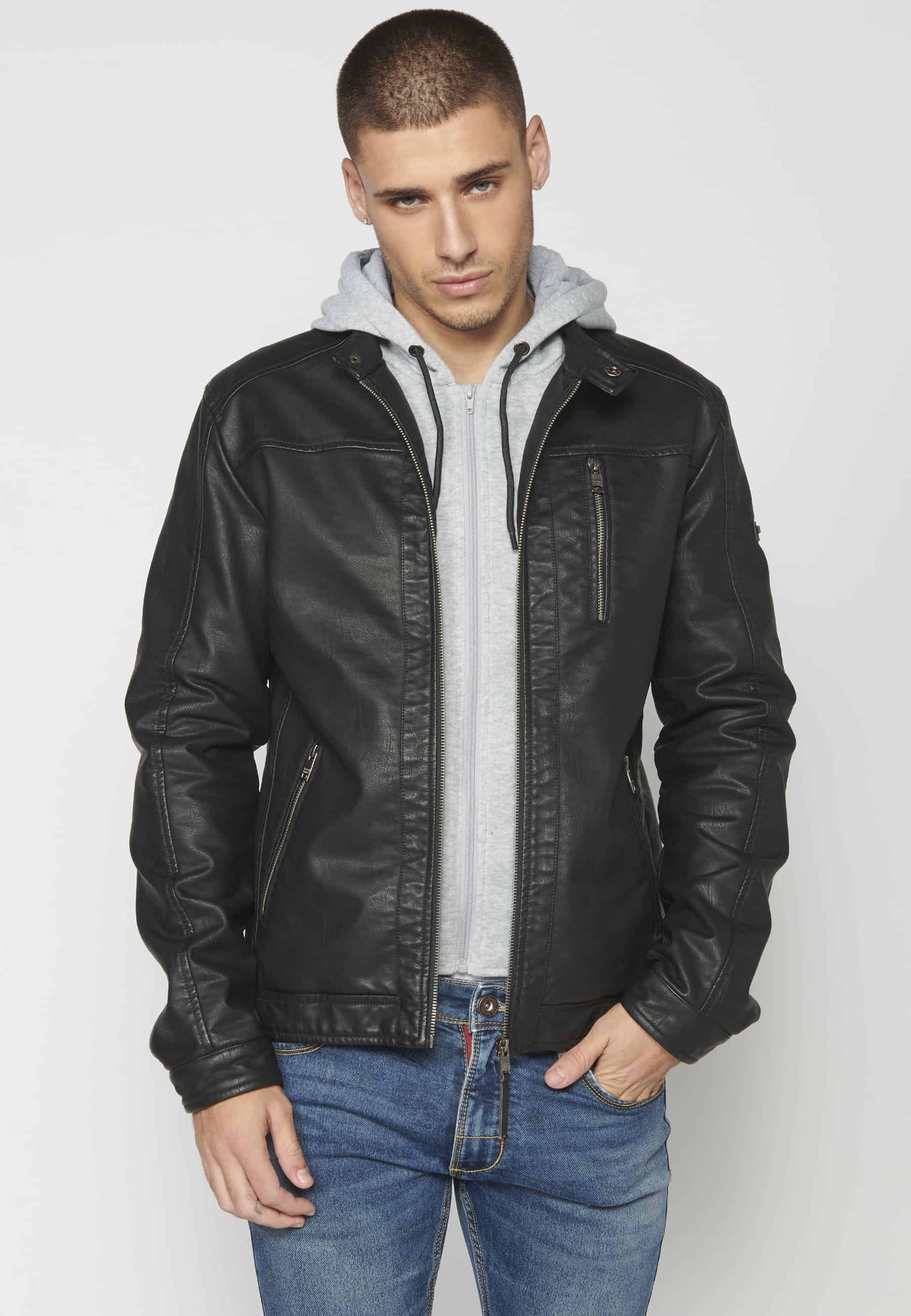 Black Synthetic Leather Jacket for Men