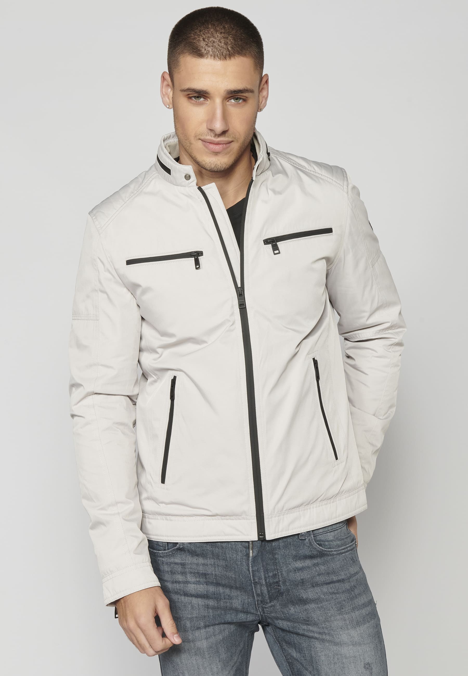 Stone colored round neck jacket for Men