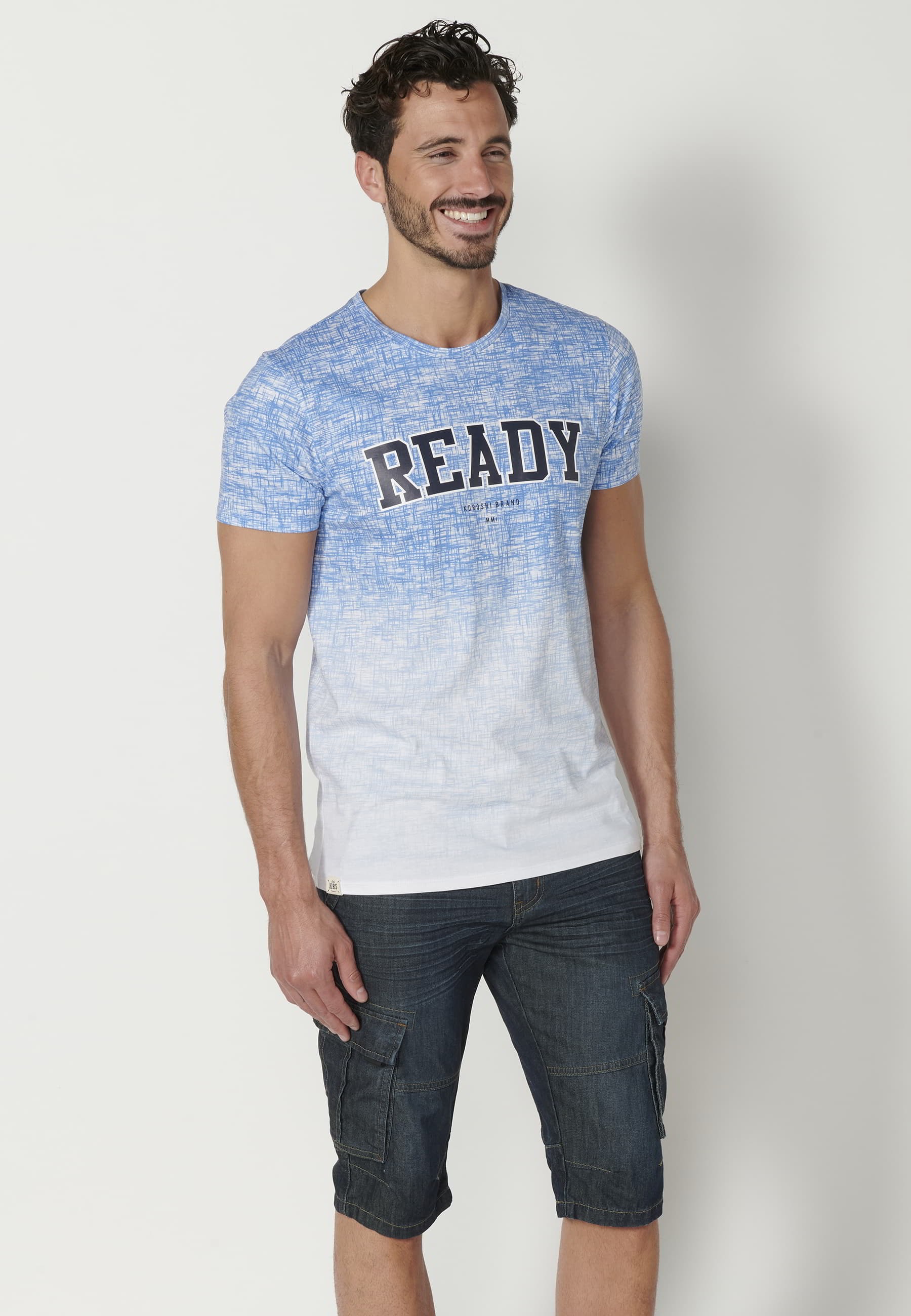 Blue short-sleeved cotton T-shirt for Men