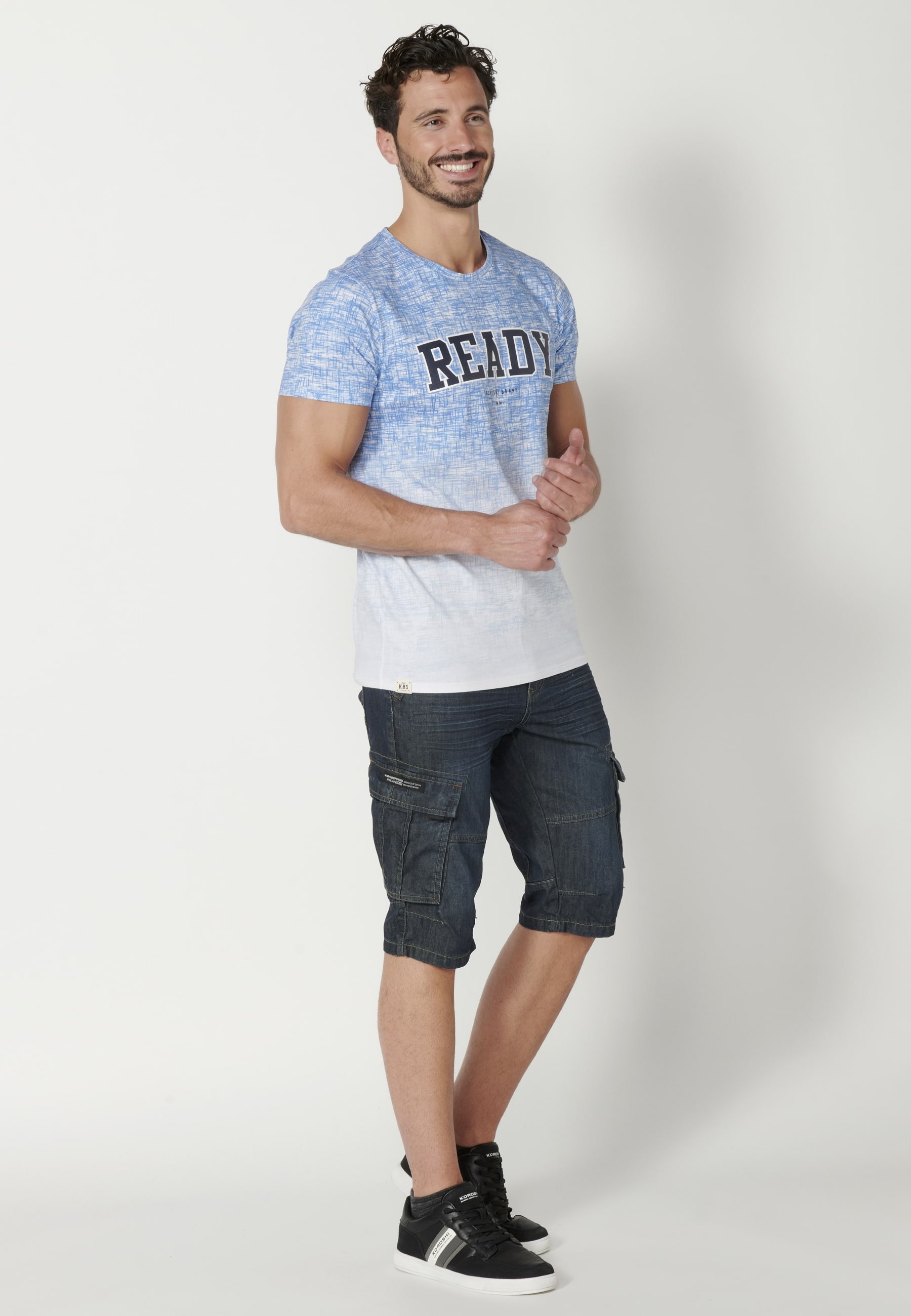 Blue short-sleeved cotton T-shirt for Men 1