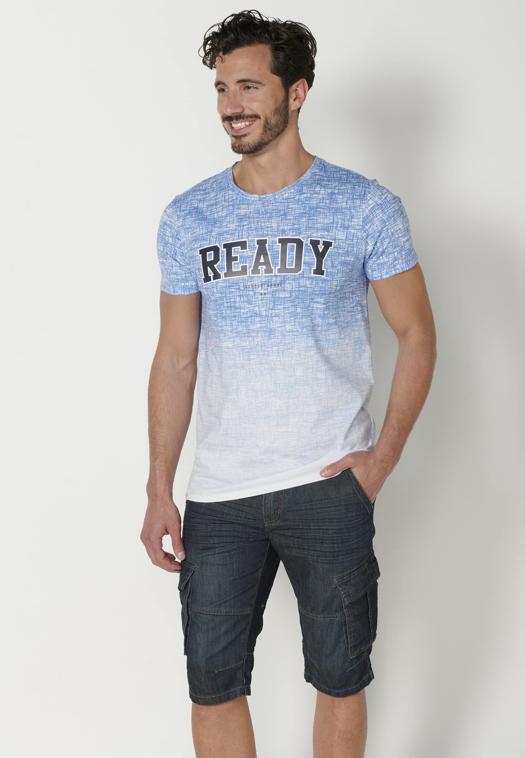 Blue short-sleeved cotton T-shirt for Men 8