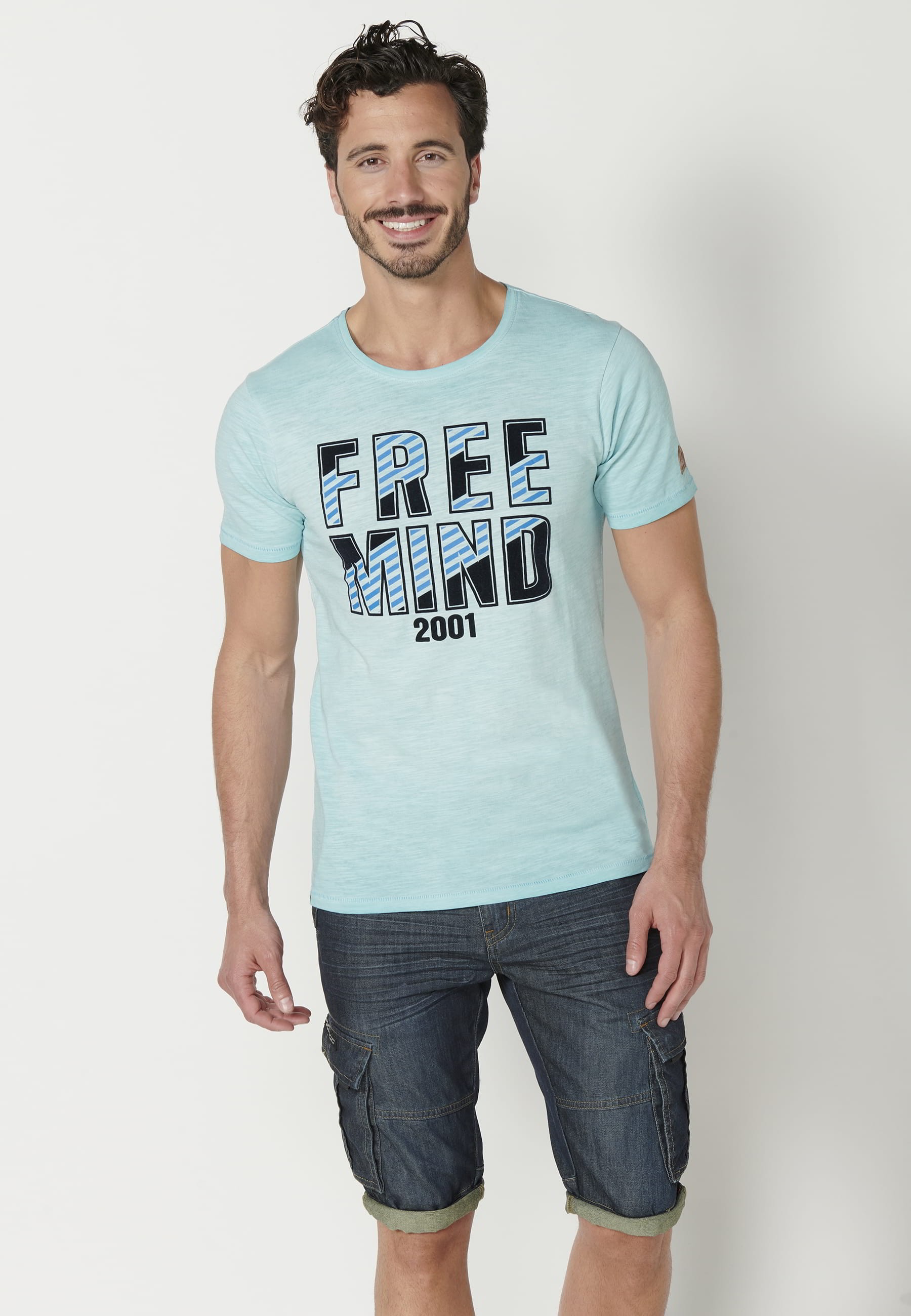 Short-sleeved Blue Cotton T-shirt for Men