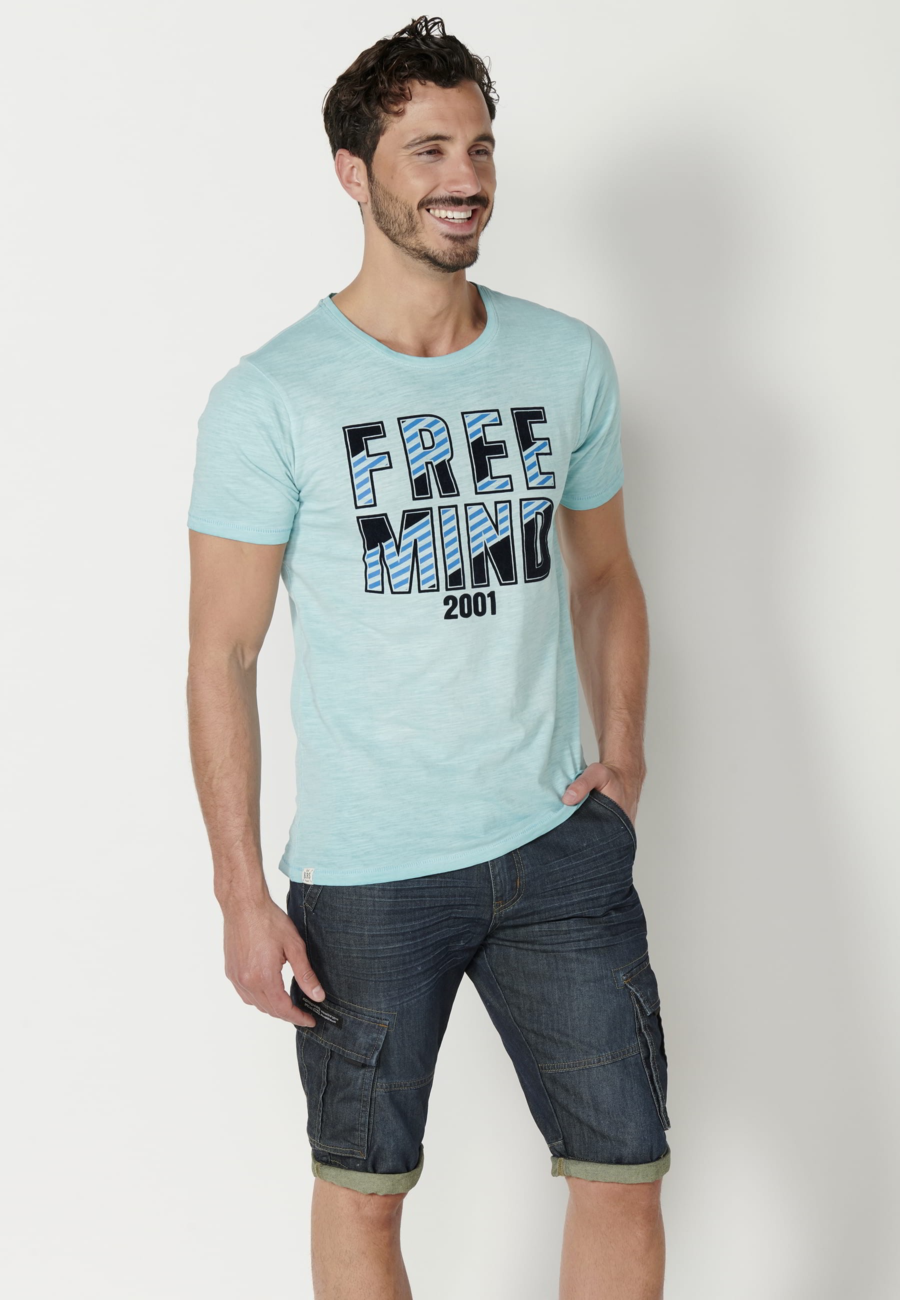 Short-sleeved Blue Cotton T-shirt for Men