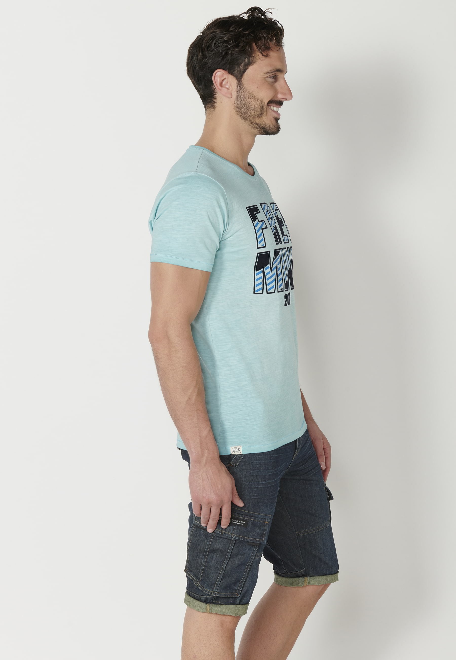 Short-sleeved Blue Cotton T-shirt for Men