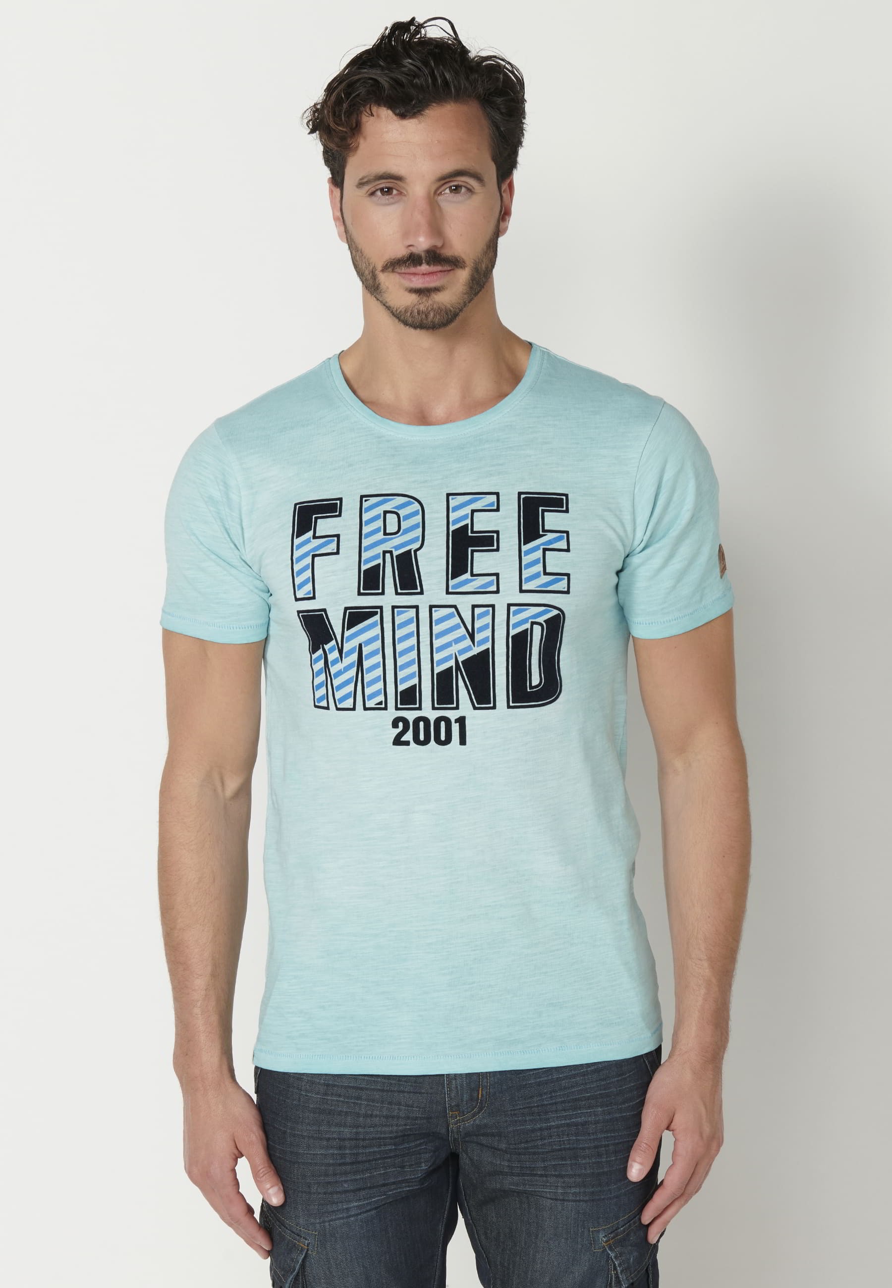 Short-sleeved Blue Cotton T-shirt for Men