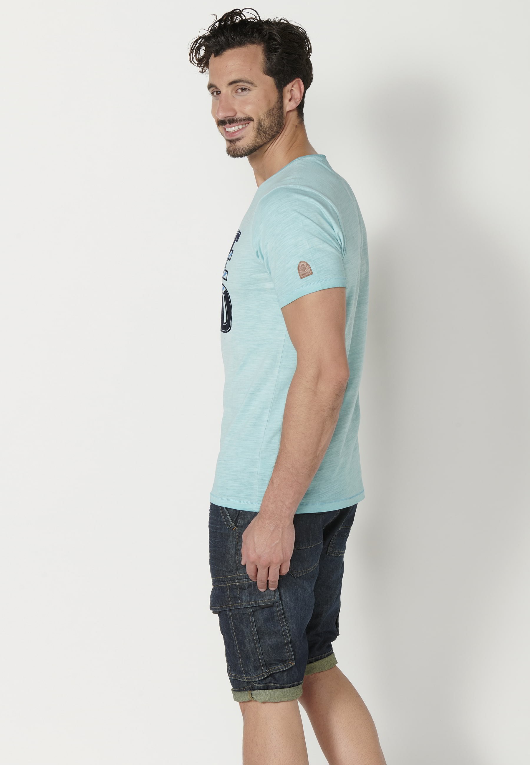 Short-sleeved Blue Cotton T-shirt for Men