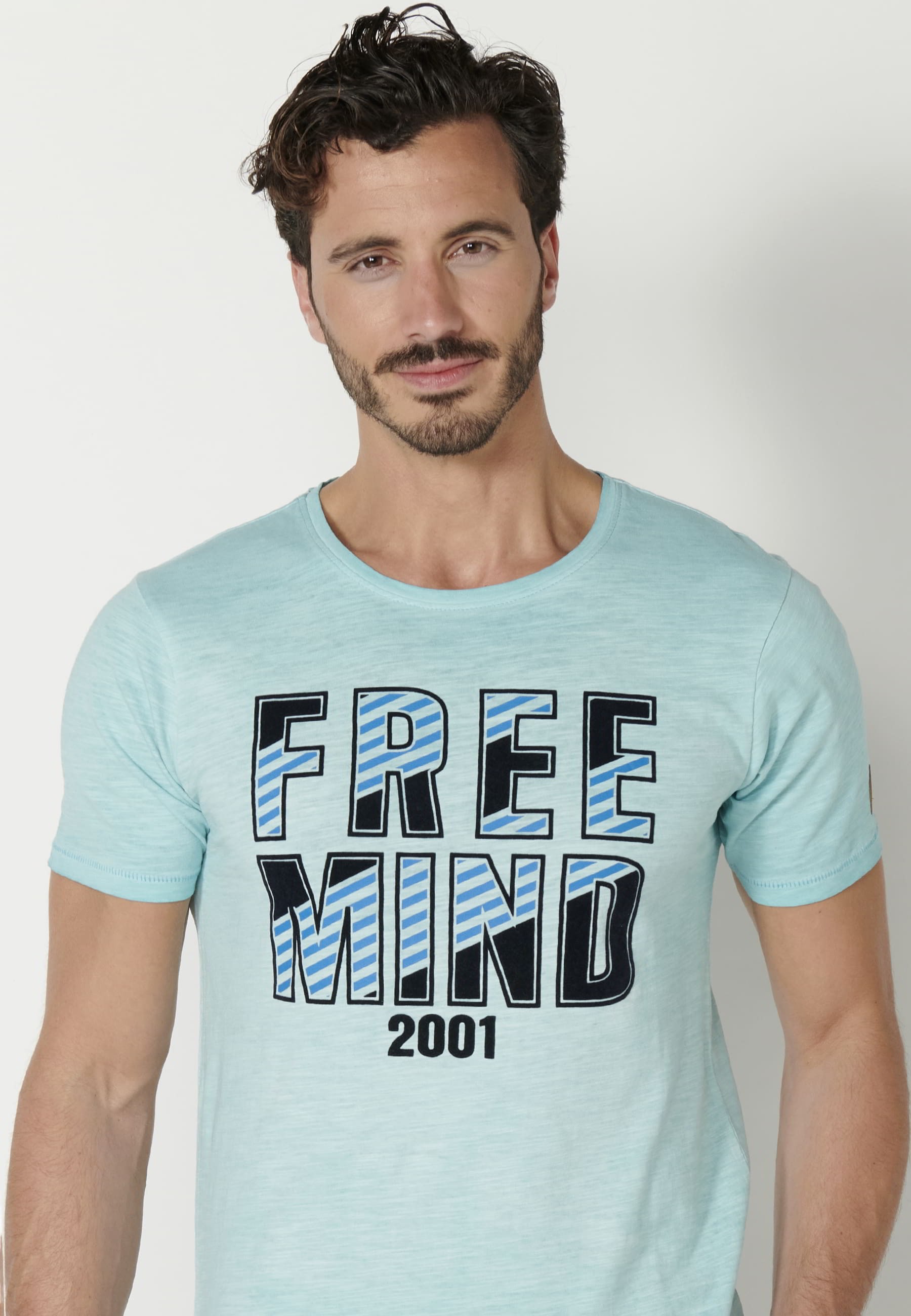 Short-sleeved Blue Cotton T-shirt for Men