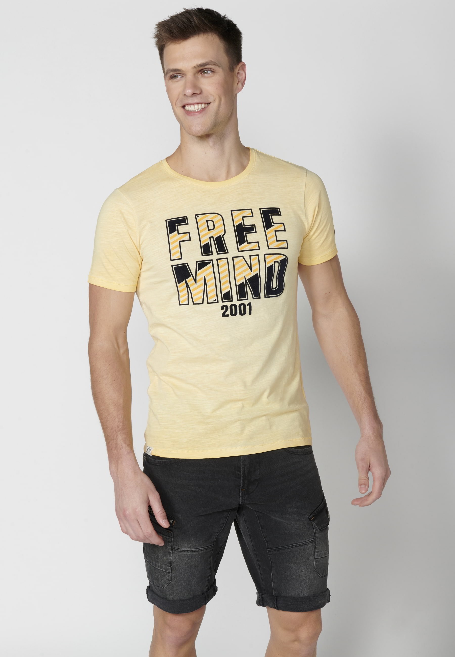 Yellow Cotton Short Sleeve T-shirt for Men