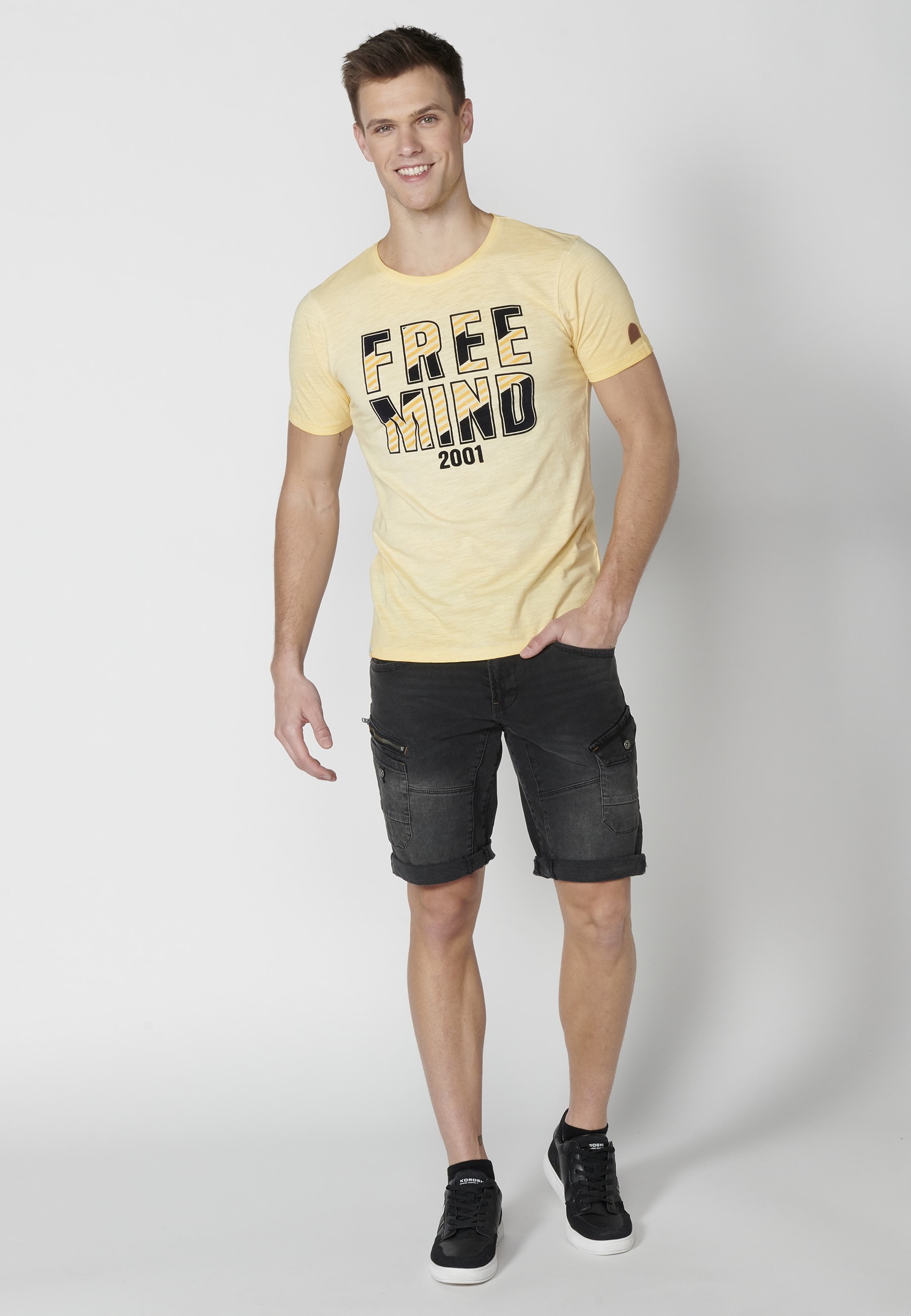 Yellow Cotton Short Sleeve T-shirt for Men