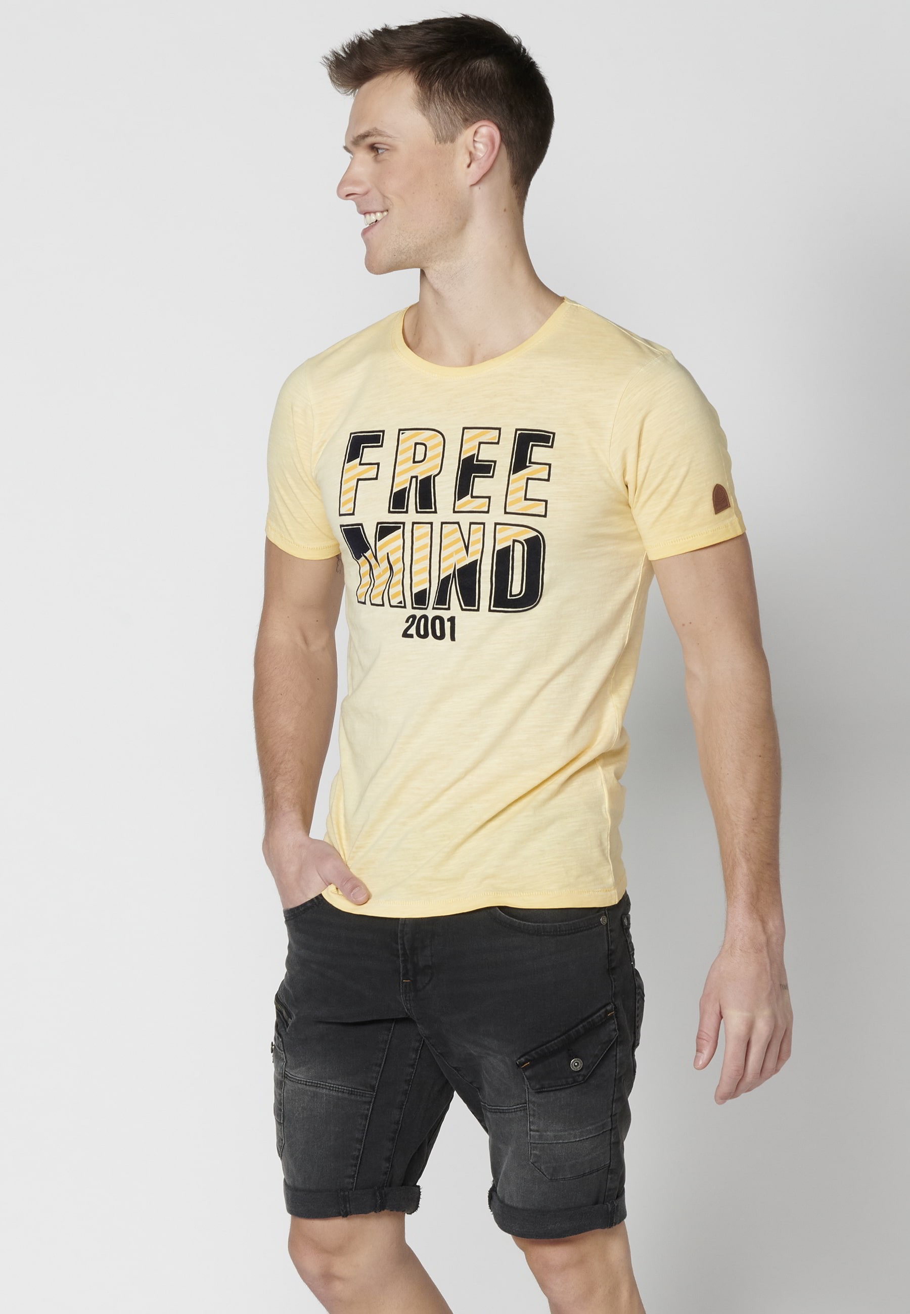 Yellow Cotton Short Sleeve T-shirt for Men