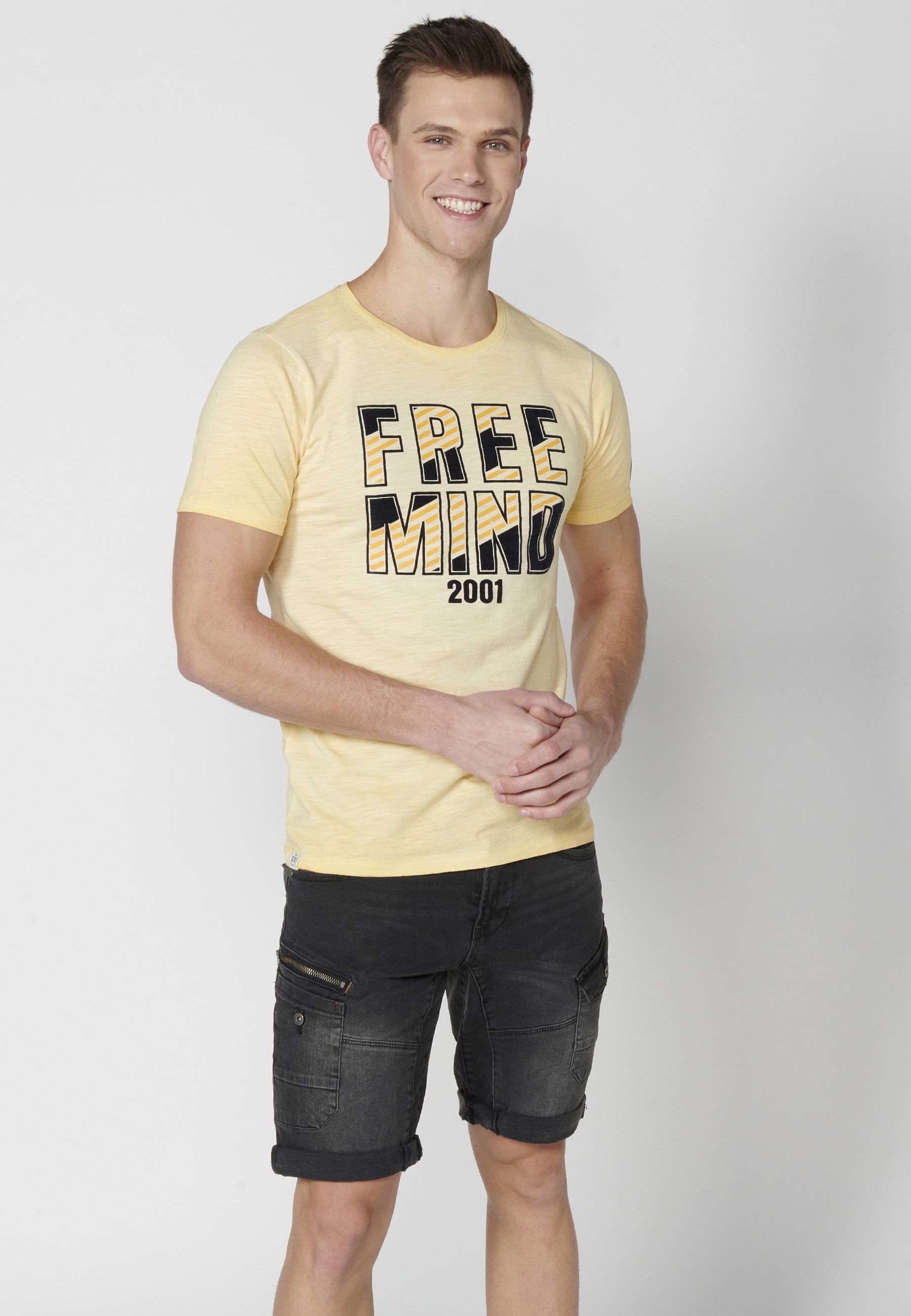 Yellow Cotton Short Sleeve T-shirt for Men