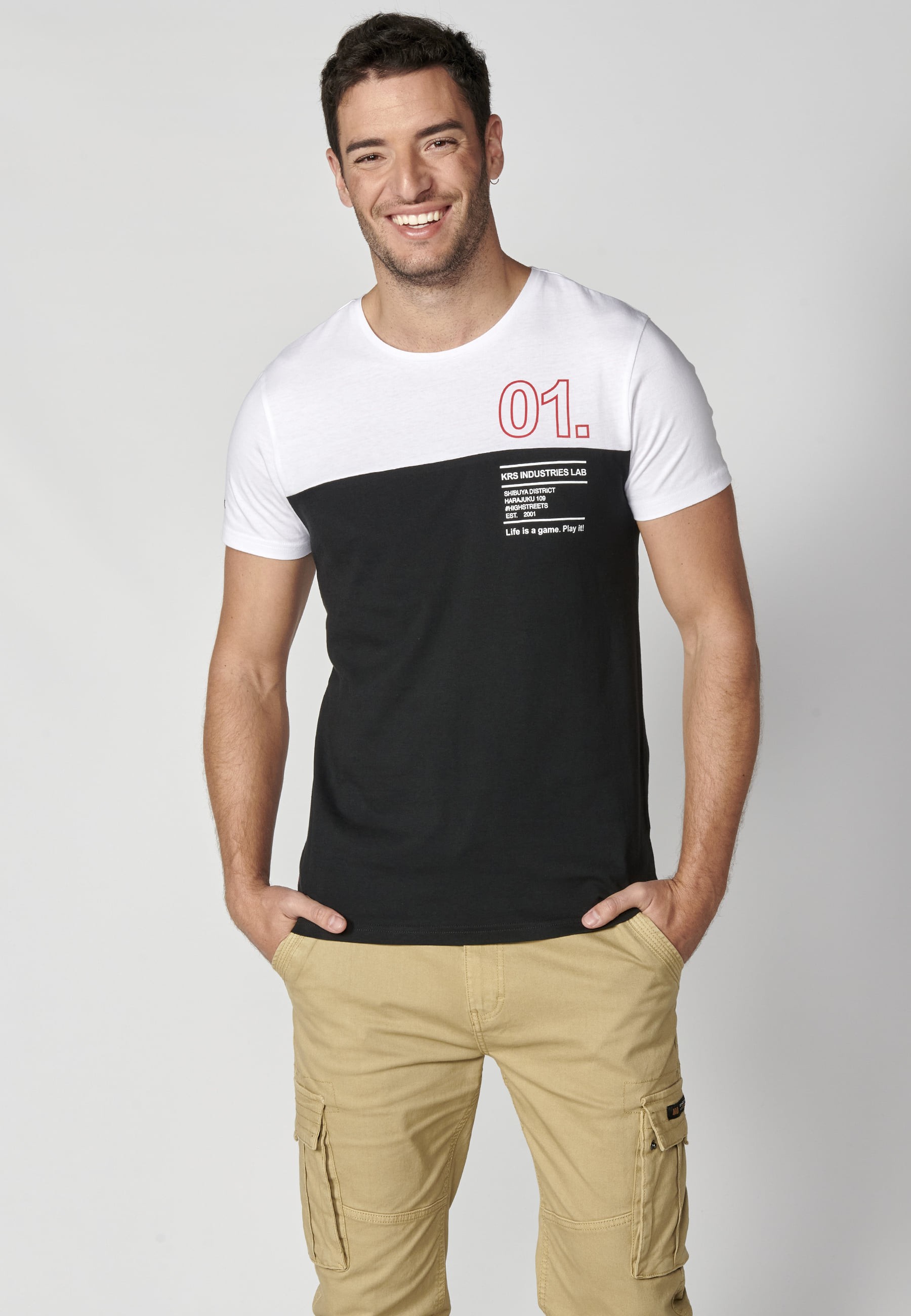 White short-sleeved Cotton T-shirt with text on the chest for Men