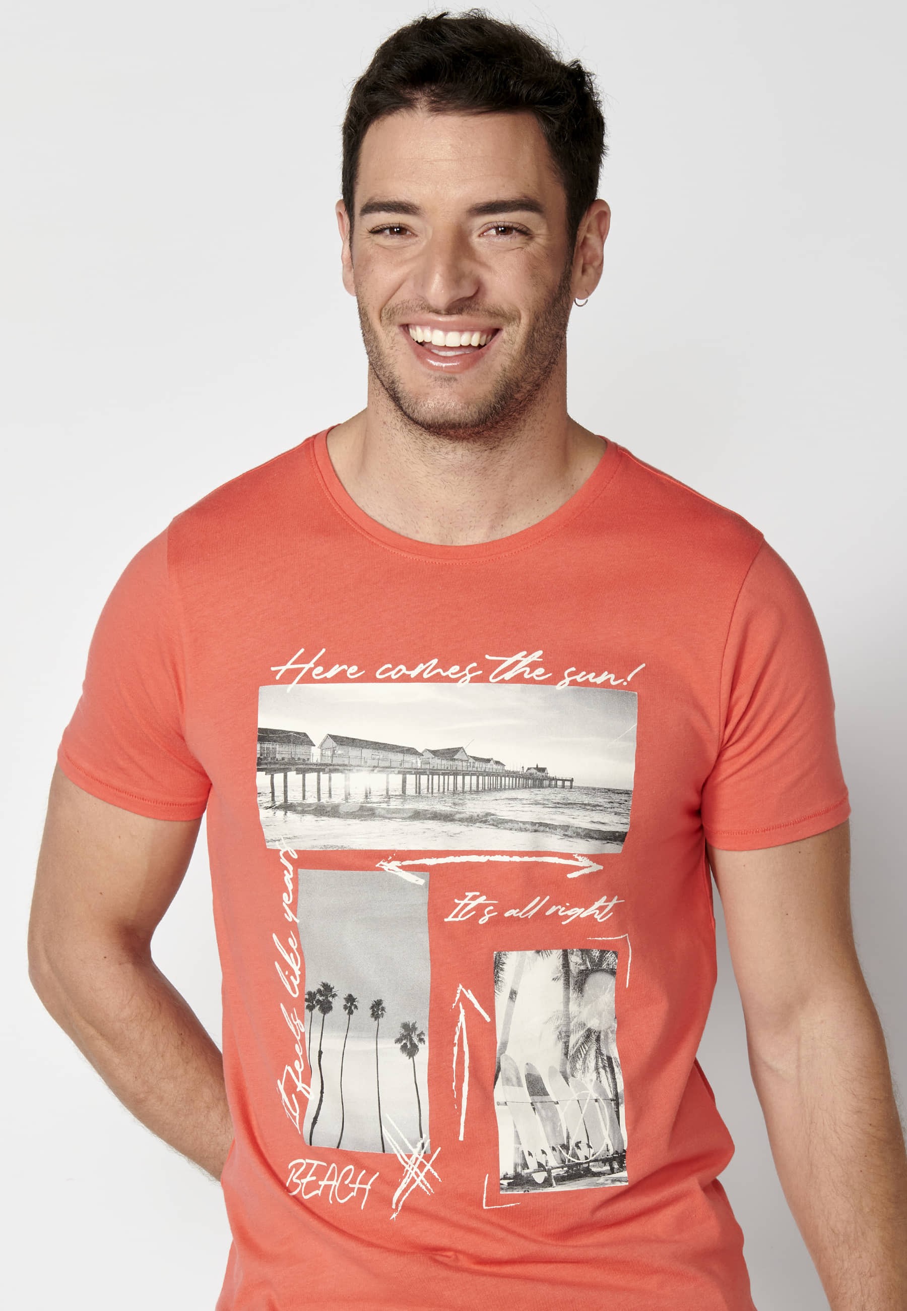 Short-sleeved Cotton T-shirt with pink front print for Men