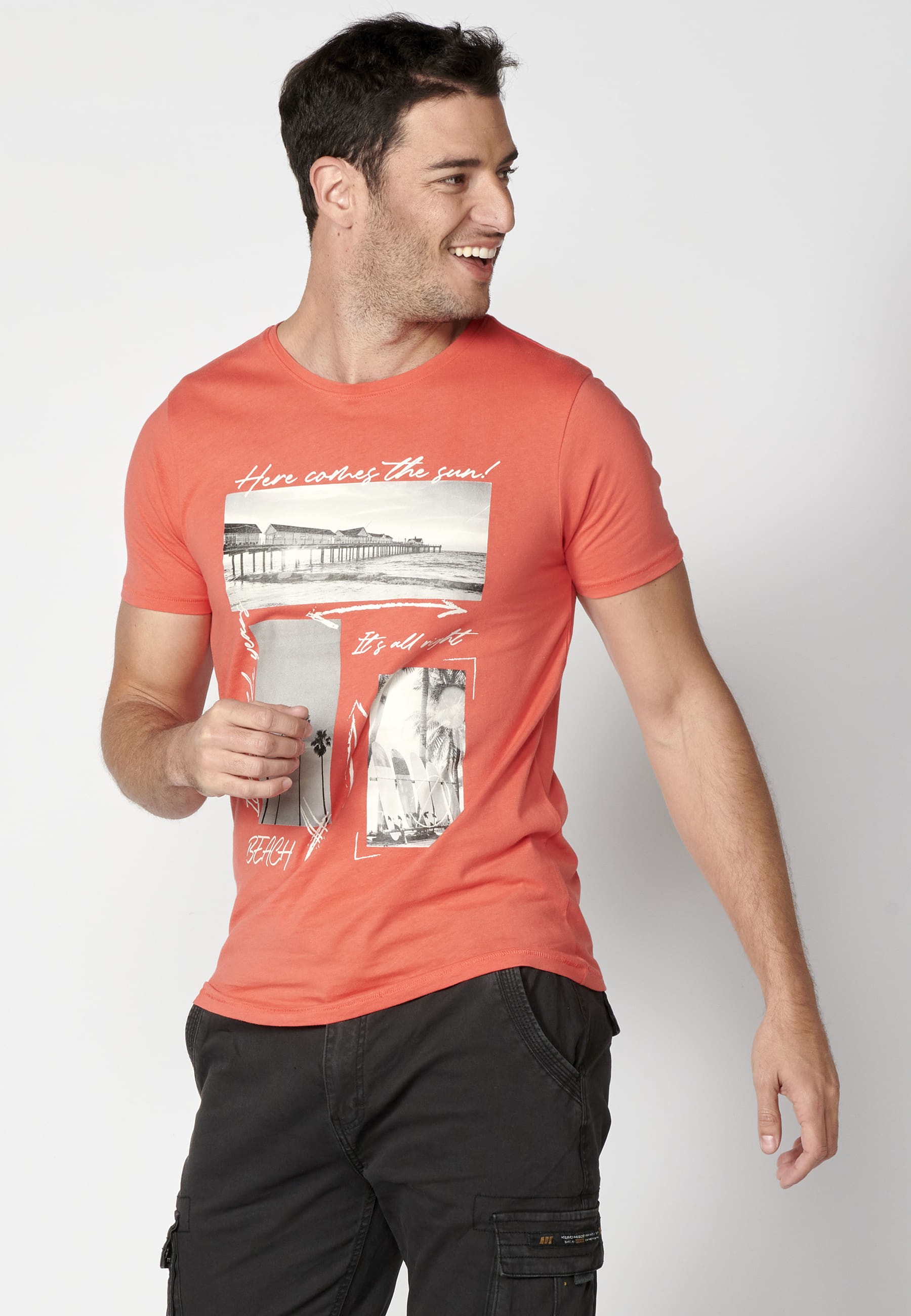 T-shirt en coton à manches courtes avec imprimé rose sur le devant pour Homme