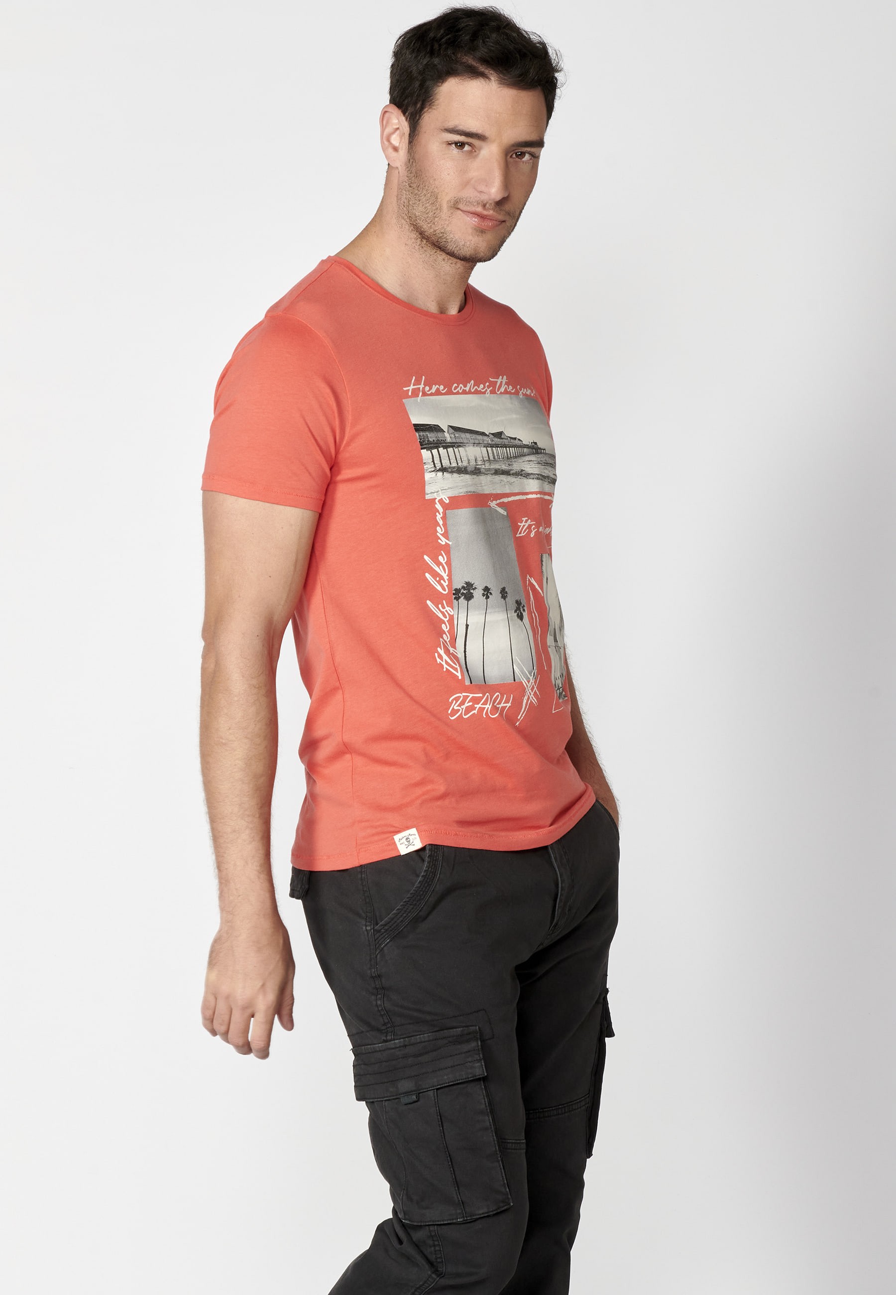Short-sleeved Cotton T-shirt with pink front print for Men