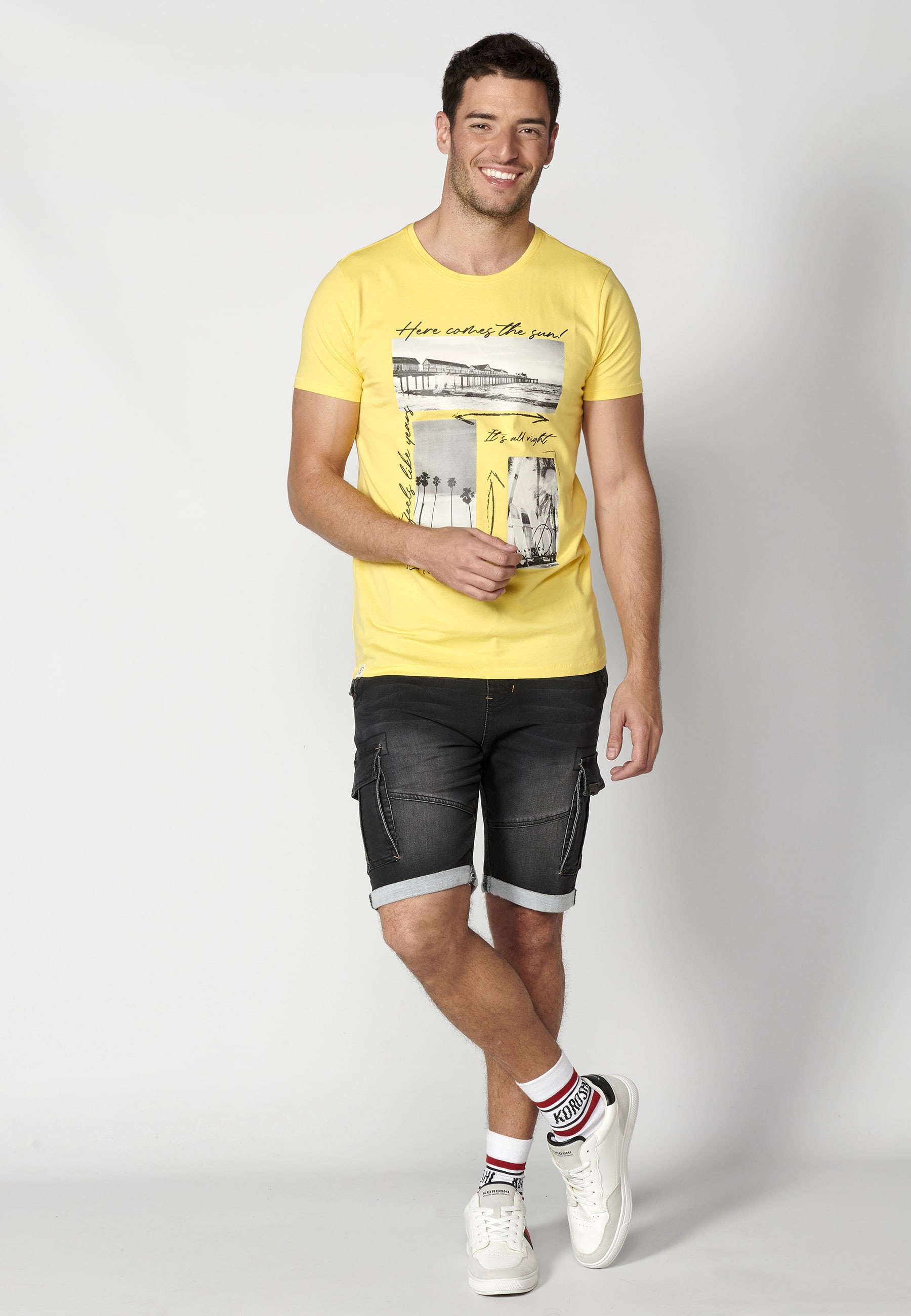 Short-sleeved Cotton T-shirt with Yellow front print for Men