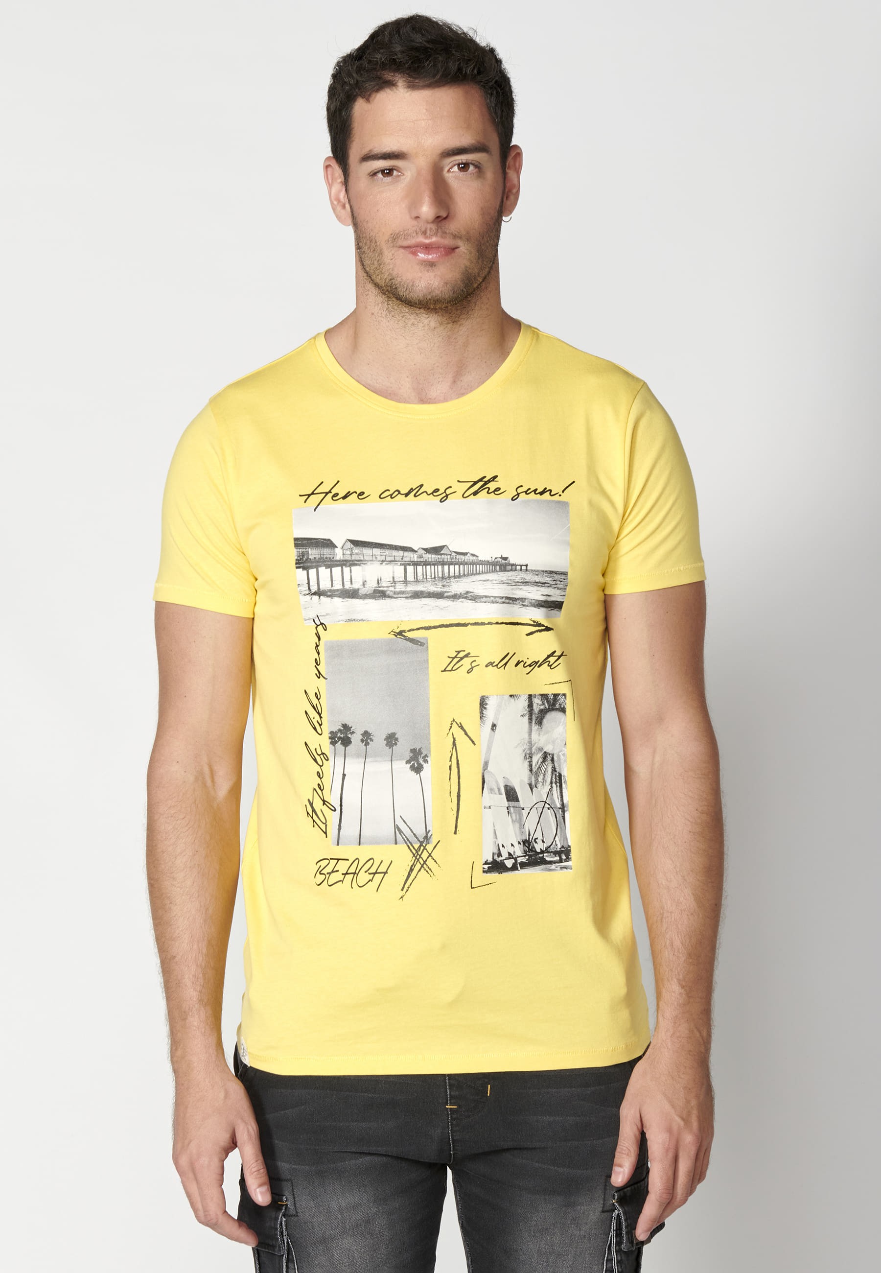 Short-sleeved Cotton T-shirt with Yellow front print for Men