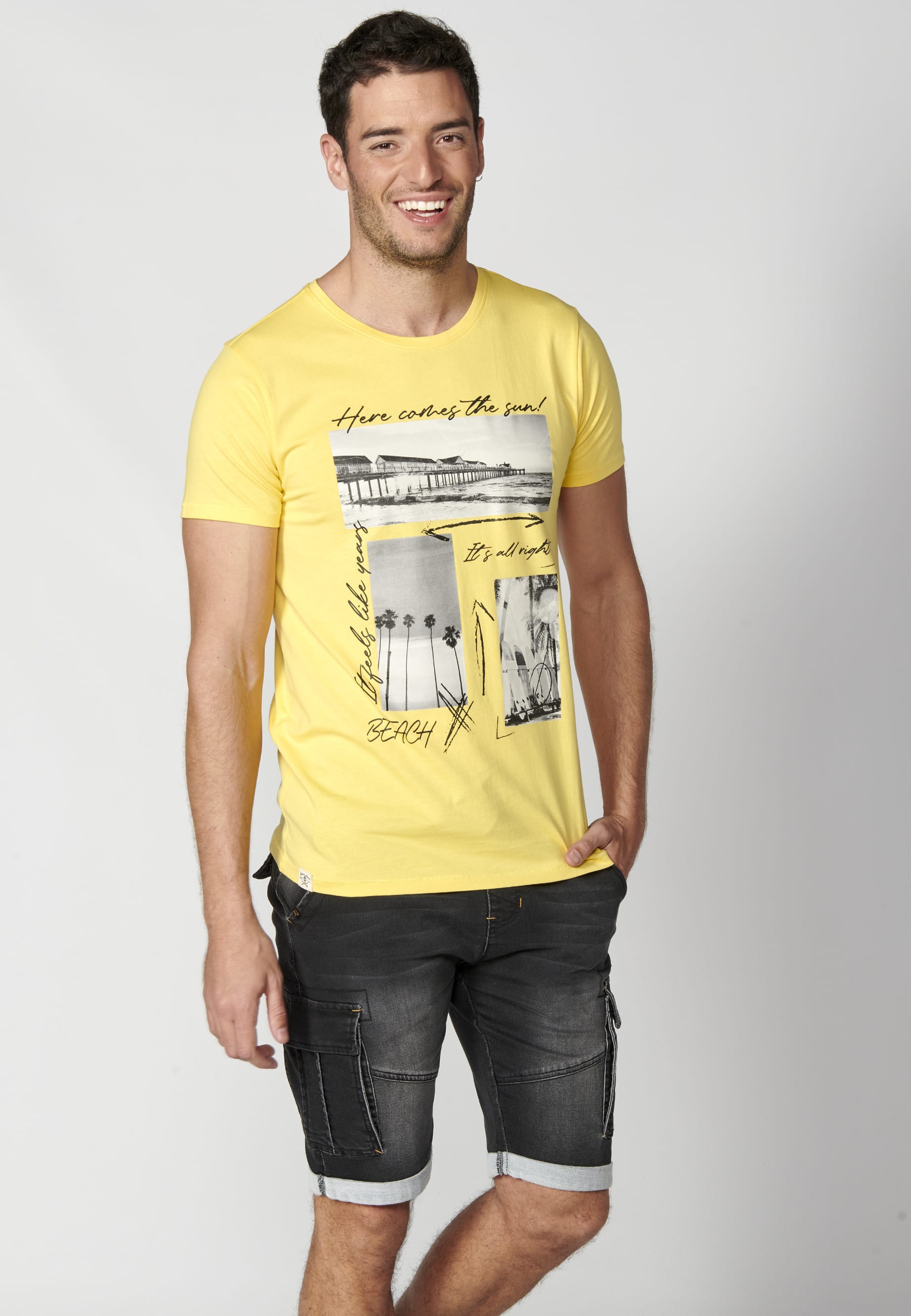 Short-sleeved Cotton T-shirt with Yellow front print for Men