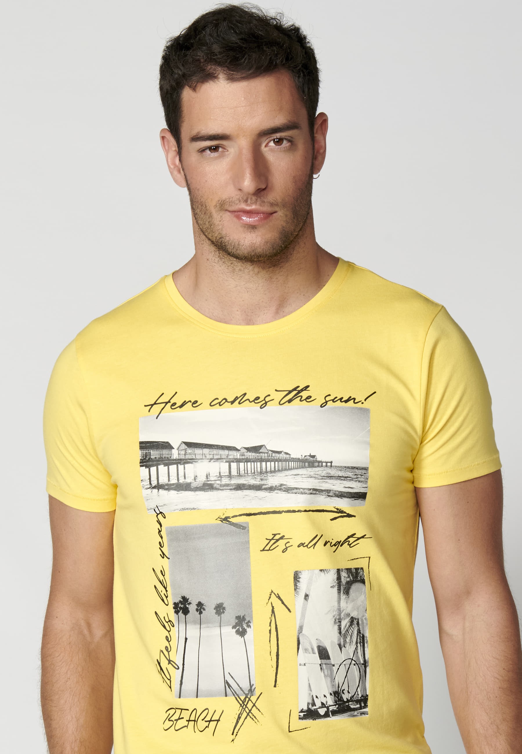 Short-sleeved Cotton T-shirt with Yellow front print for Men