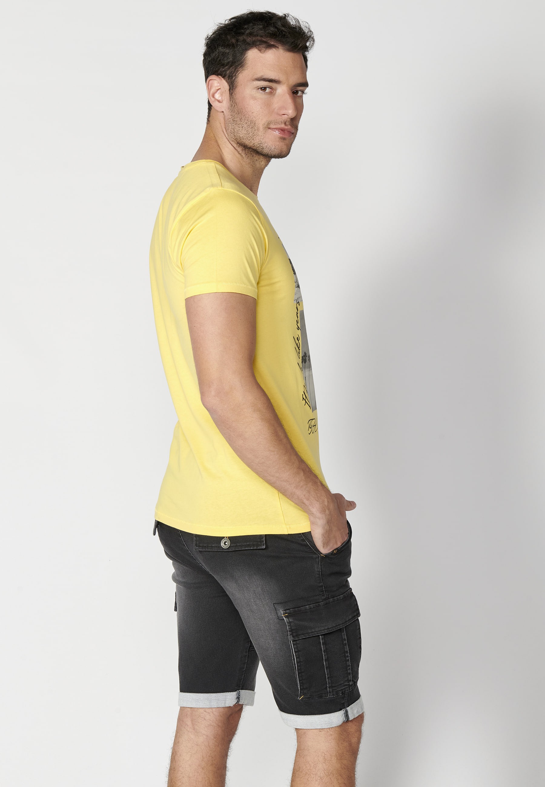 Short-sleeved Cotton T-shirt with Yellow front print for Men