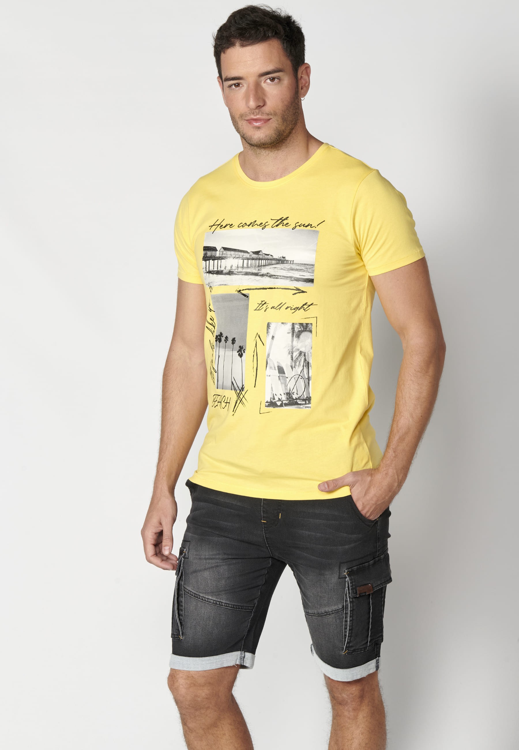 Short-sleeved Cotton T-shirt with Yellow front print for Men