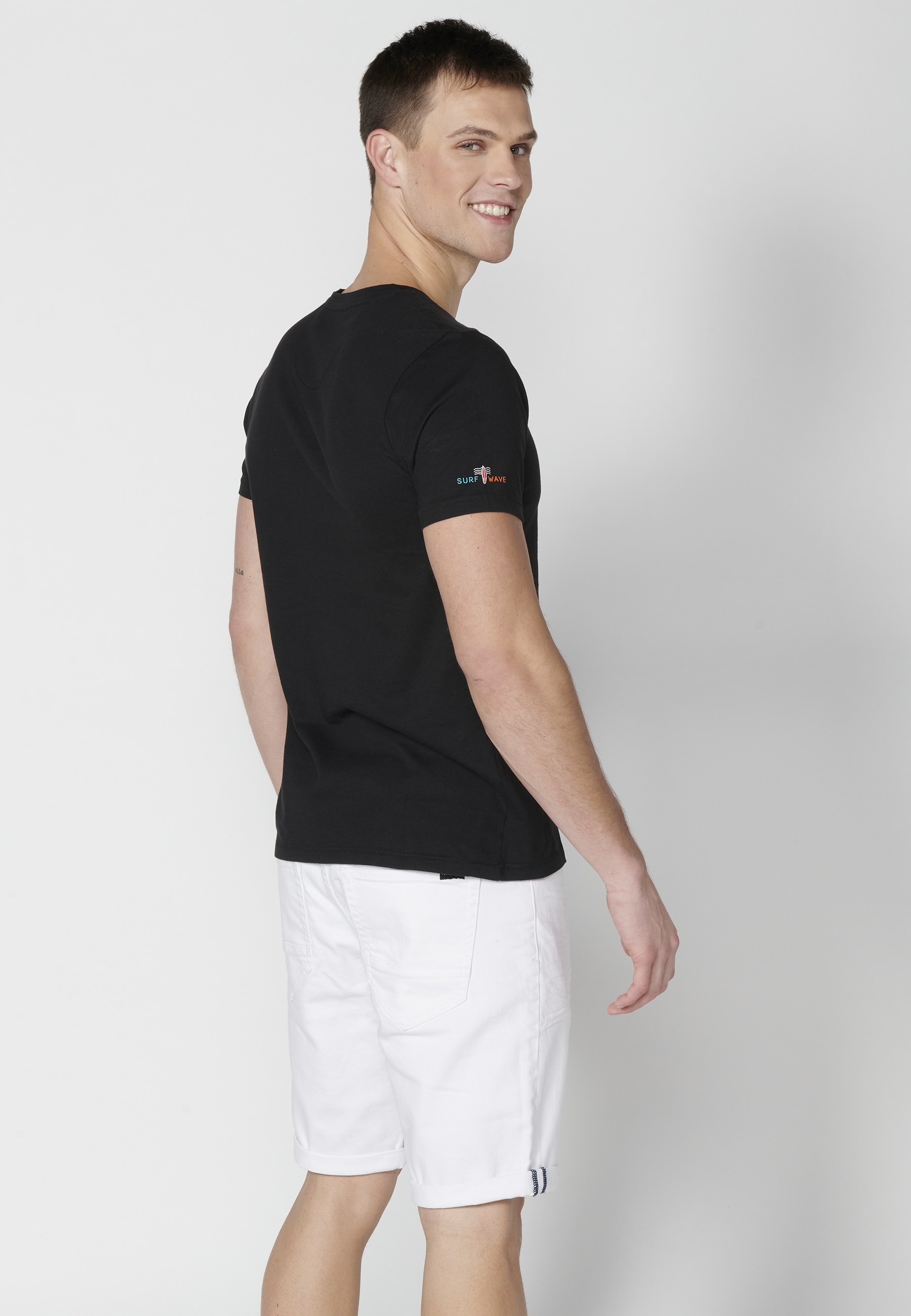 Short-sleeved Black Cotton T-shirt for Men