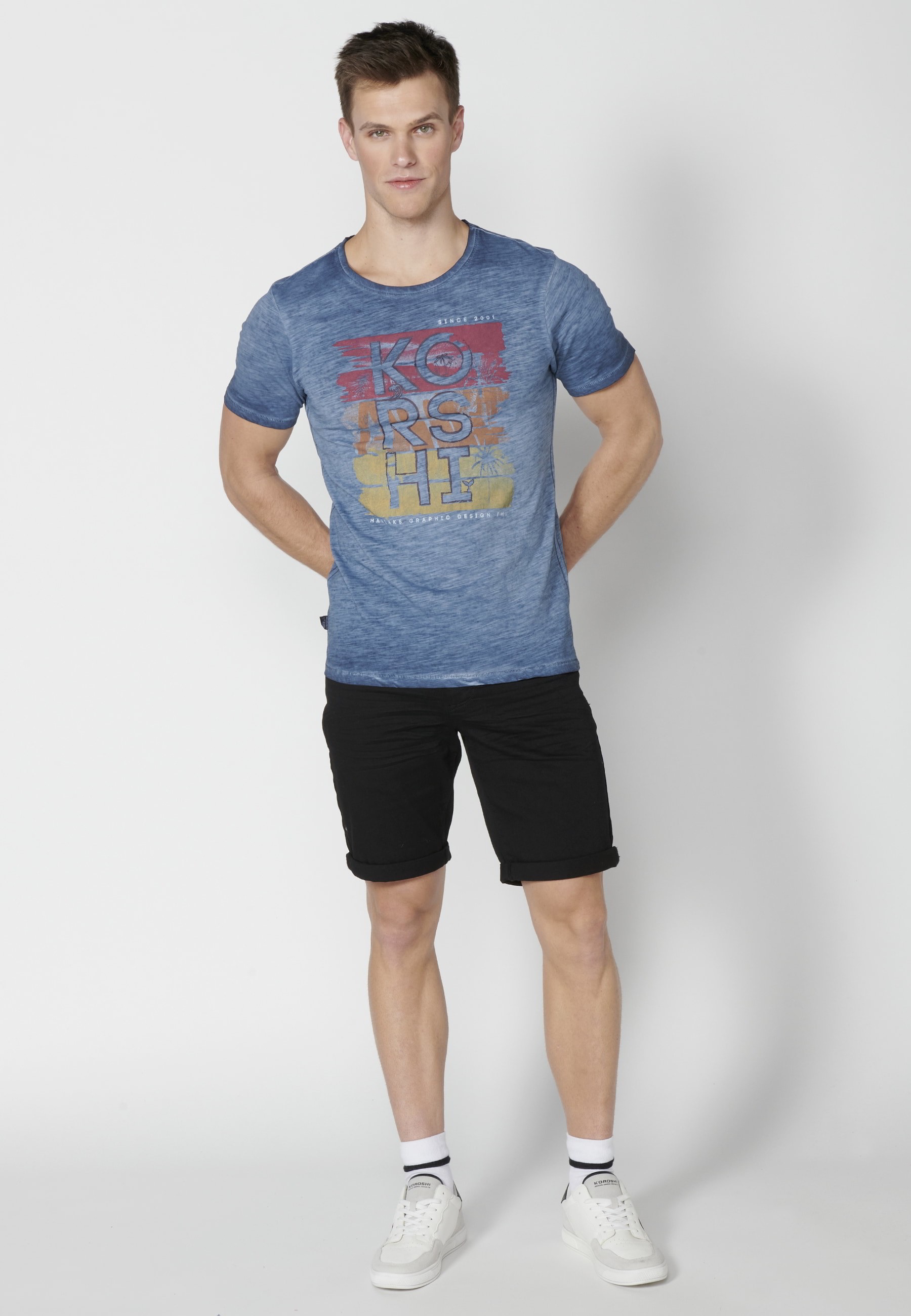 Kurzärmliges T-Shirt aus Indigo-Baumwolle für Herren