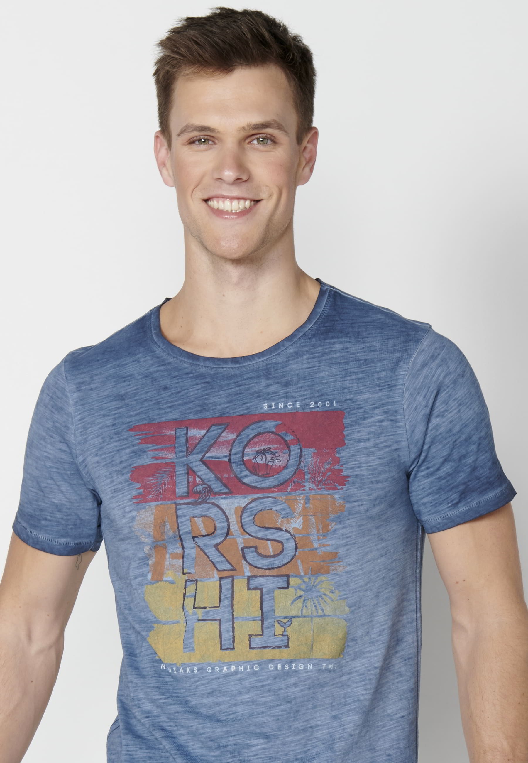 Kurzärmliges T-Shirt aus Indigo-Baumwolle für Herren