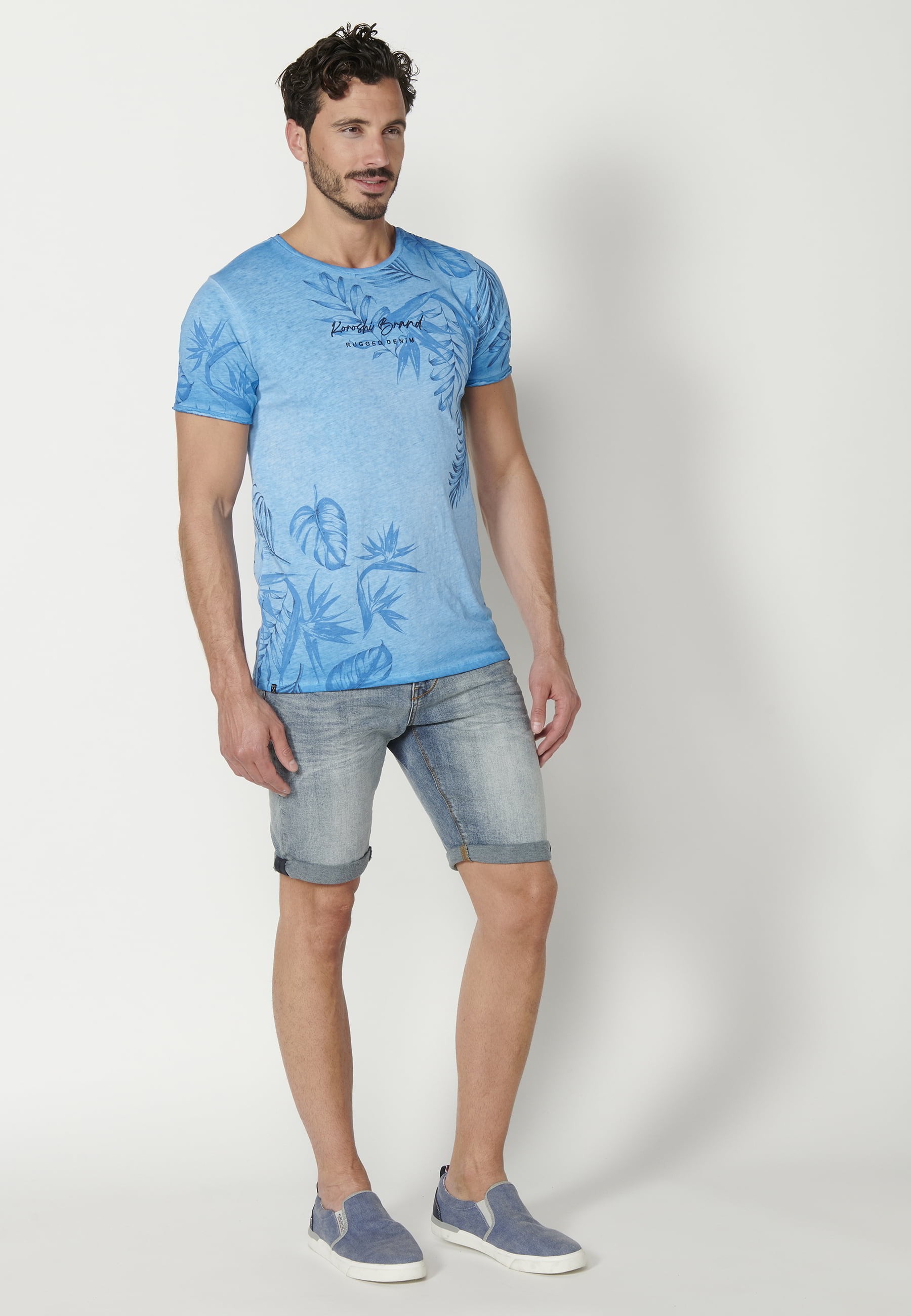Kurzärmliges blaues Baumwoll-T-Shirt für Herren