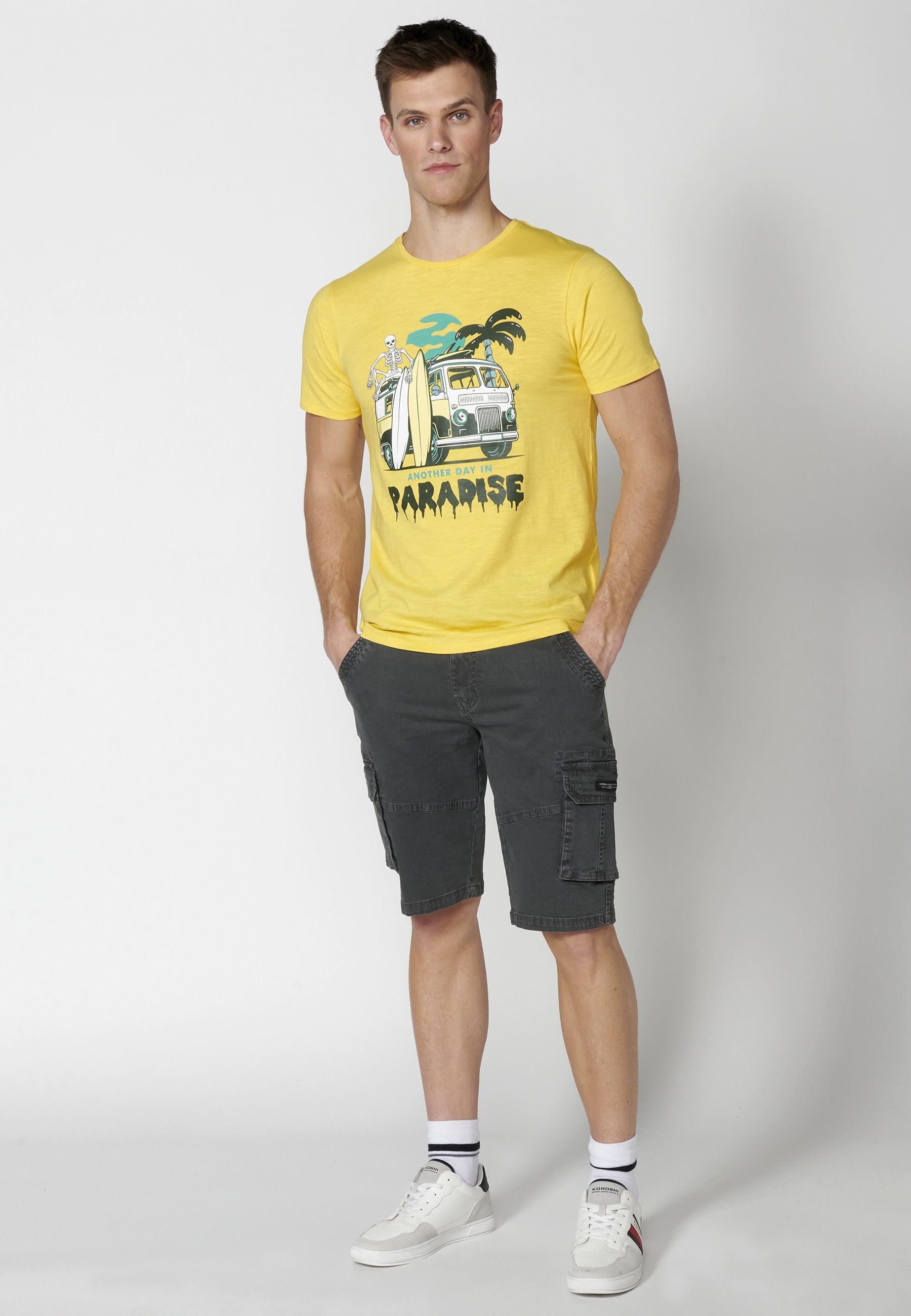 Yellow Cotton Short Sleeve T-shirt for Men