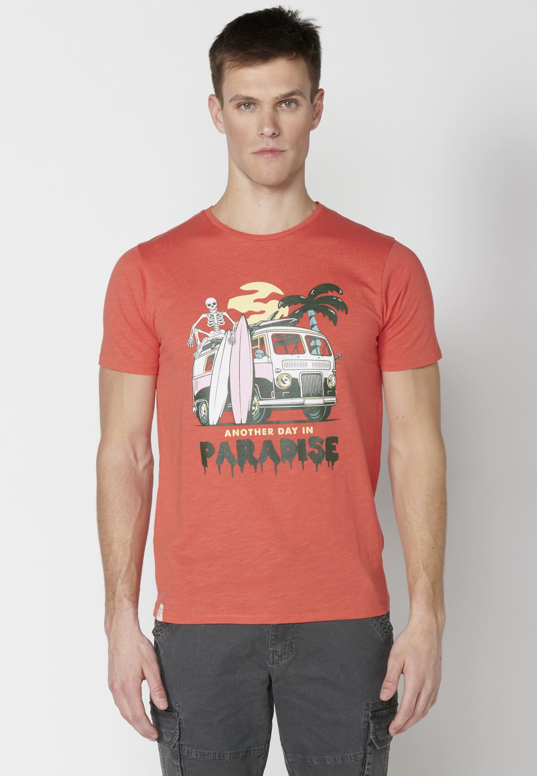 Camiseta de manga corta de Algodón color Coral para Hombre