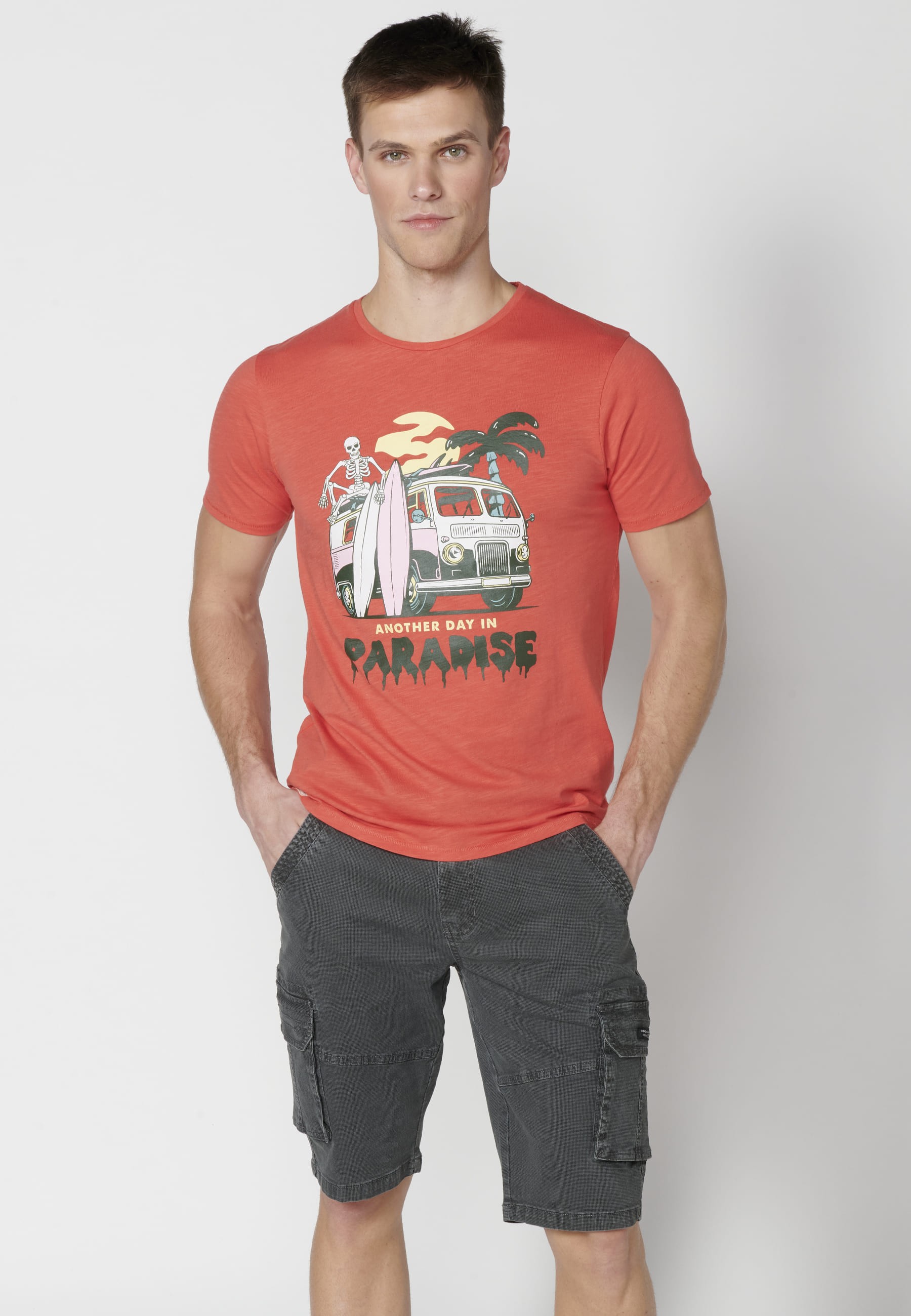 Kurzärmliges T-Shirt aus korallenroter Baumwolle für Herren