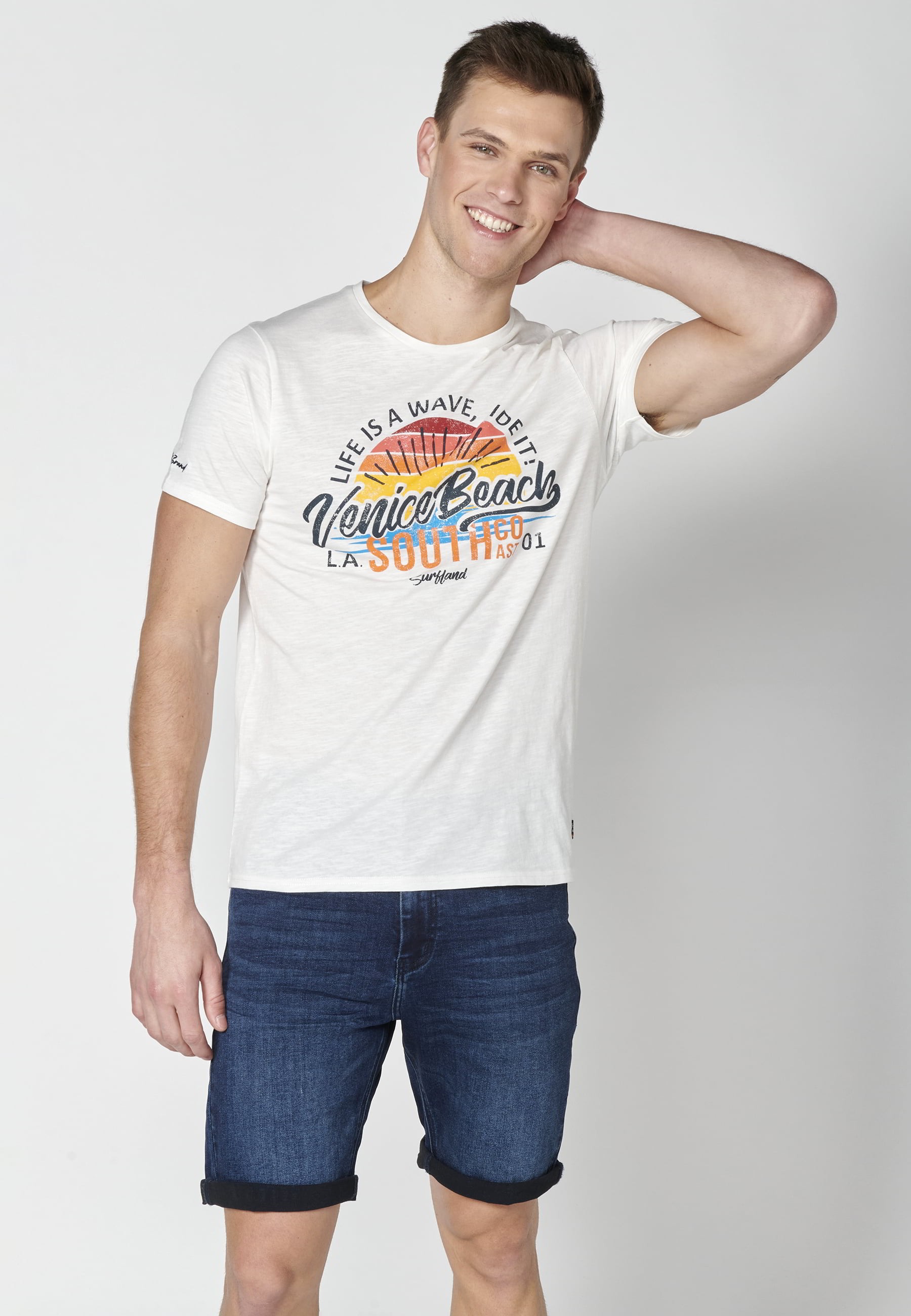 Ecrufarbenes Kurzarm-T-Shirt aus Baumwolle für Herren