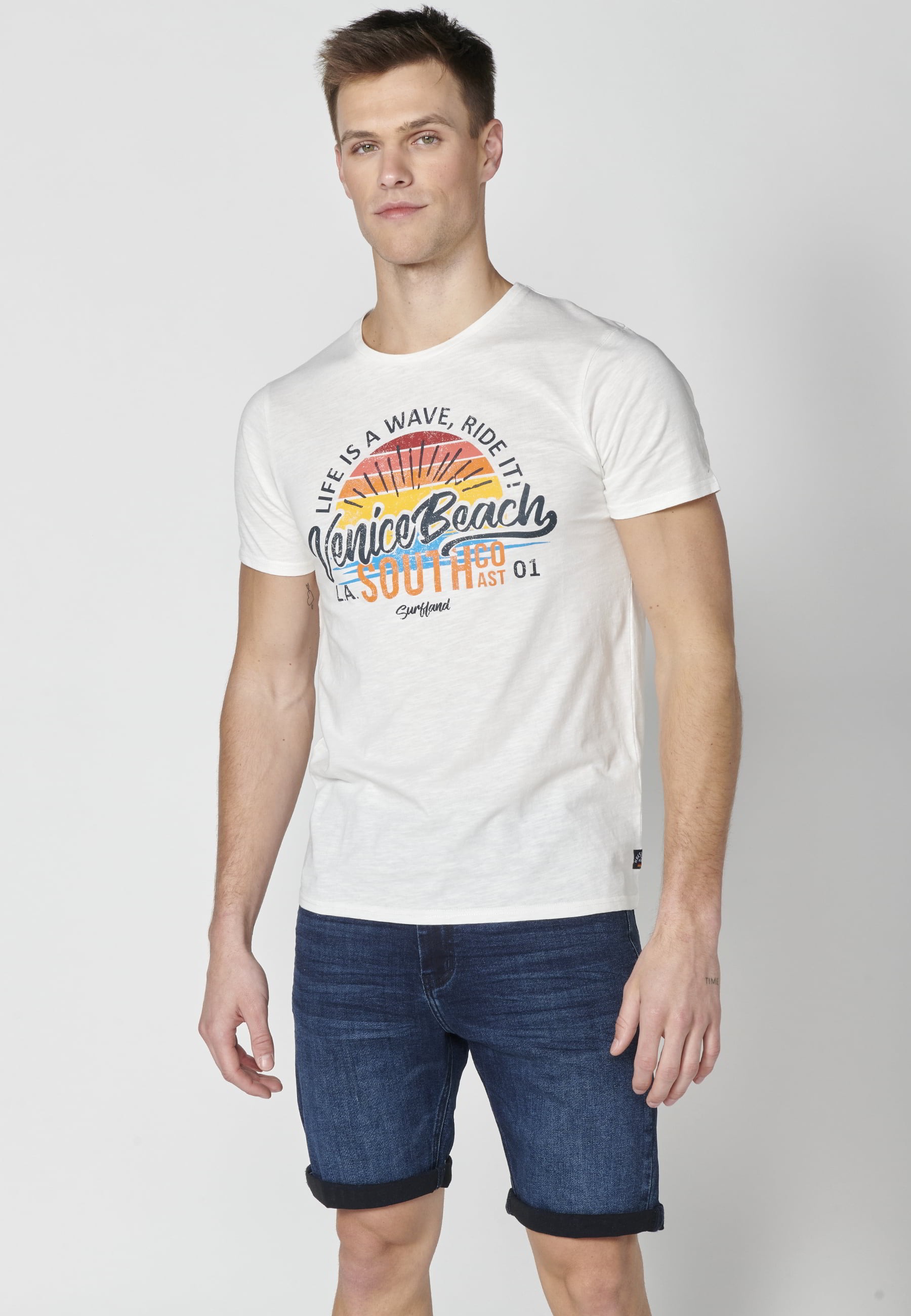Ecrufarbenes Kurzarm-T-Shirt aus Baumwolle für Herren