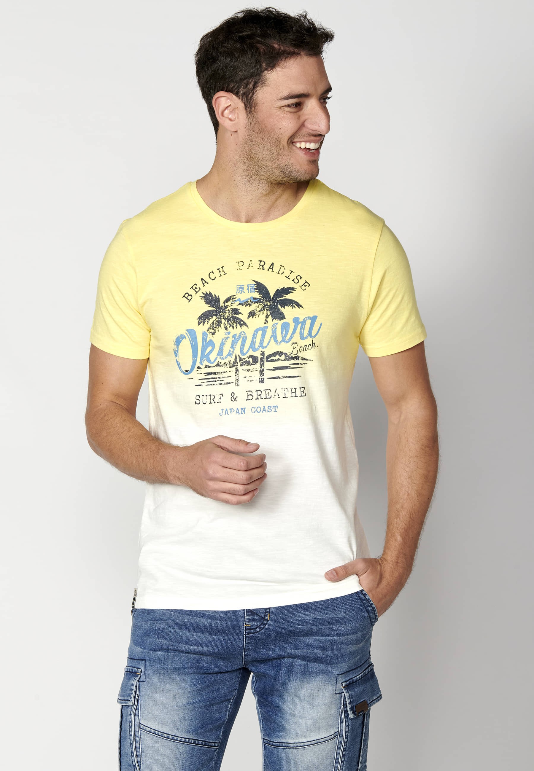 Yellow Cotton Short Sleeve T-shirt for Men