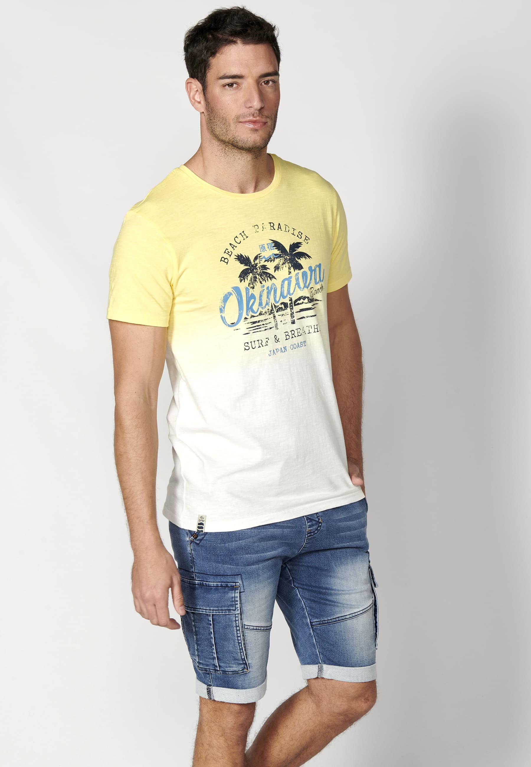 Yellow Cotton Short Sleeve T-shirt for Men