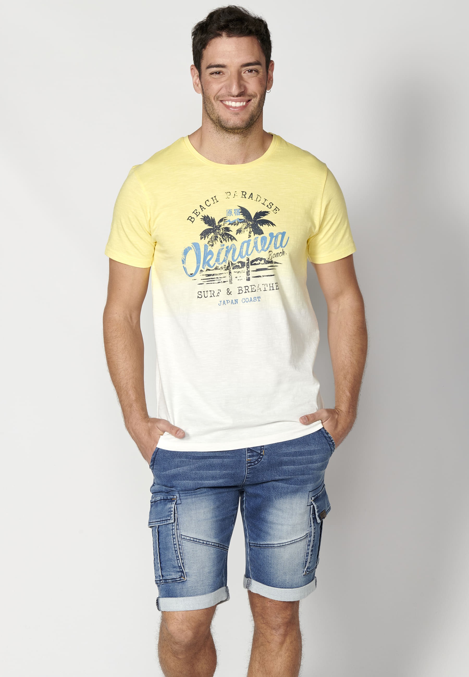 Yellow Cotton Short Sleeve T-shirt for Men