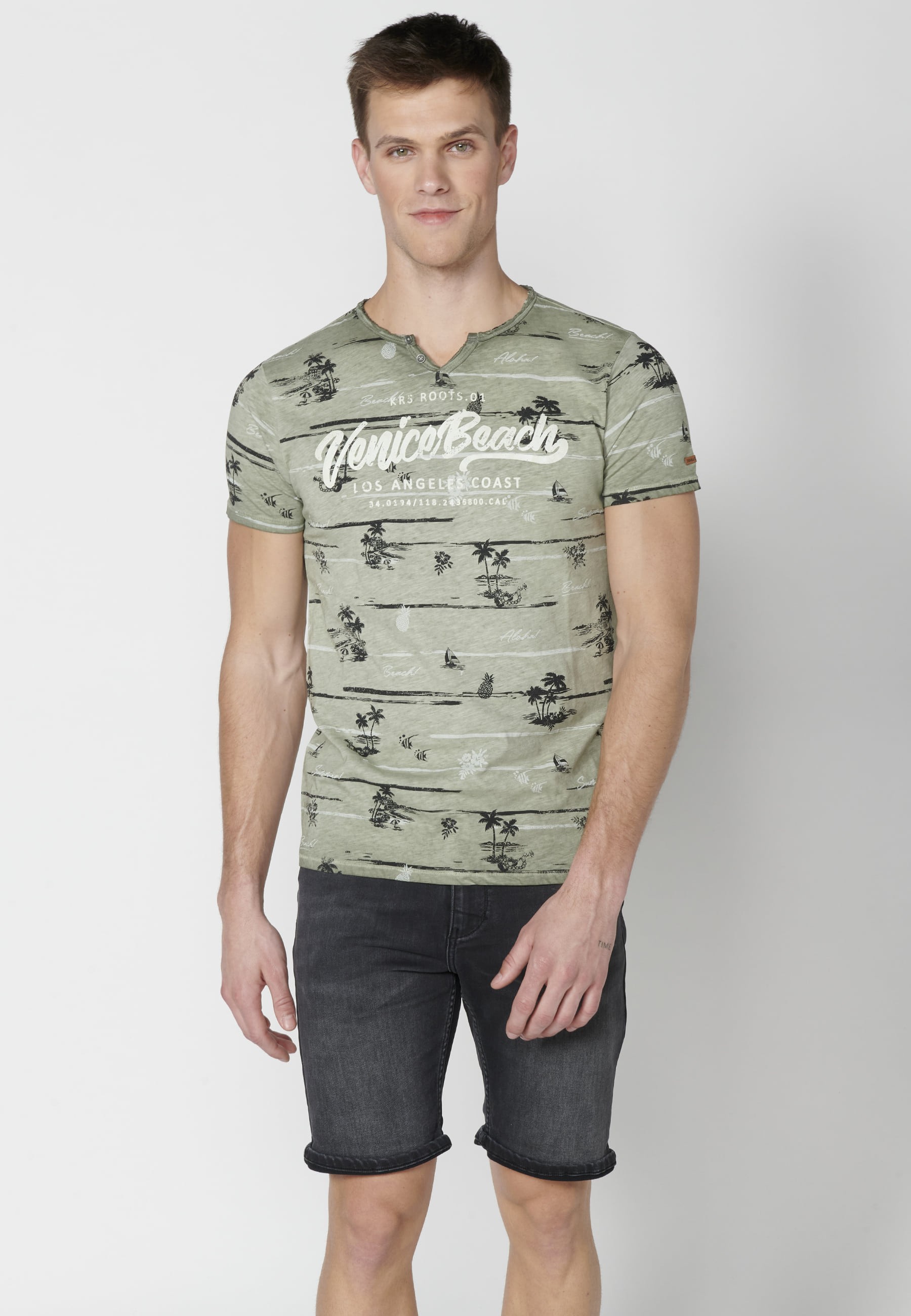 Khaki Cotton Short Sleeve T-shirt for Men